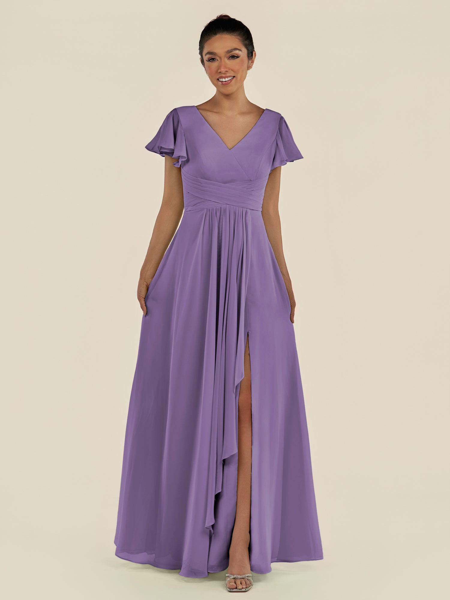KissDress-Corin Tahiti A Line Chiffon V Neck Long Bridesmaid Dress with Flutter Sleeves