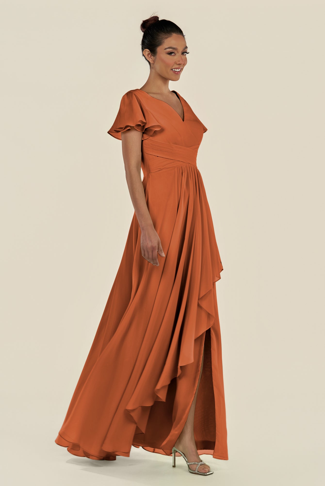 KissDress-Corin Terracotta A Line Chiffon V Neck Long Bridesmaid Dress with Flutter Sleeves
