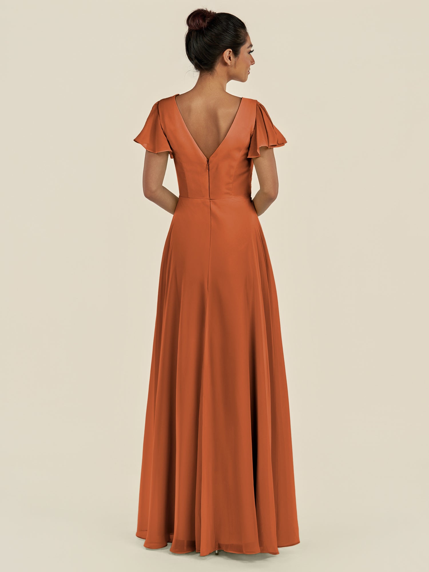 KissDress-Corin Terracotta A Line Chiffon V Neck Long Bridesmaid Dress with Flutter Sleeves