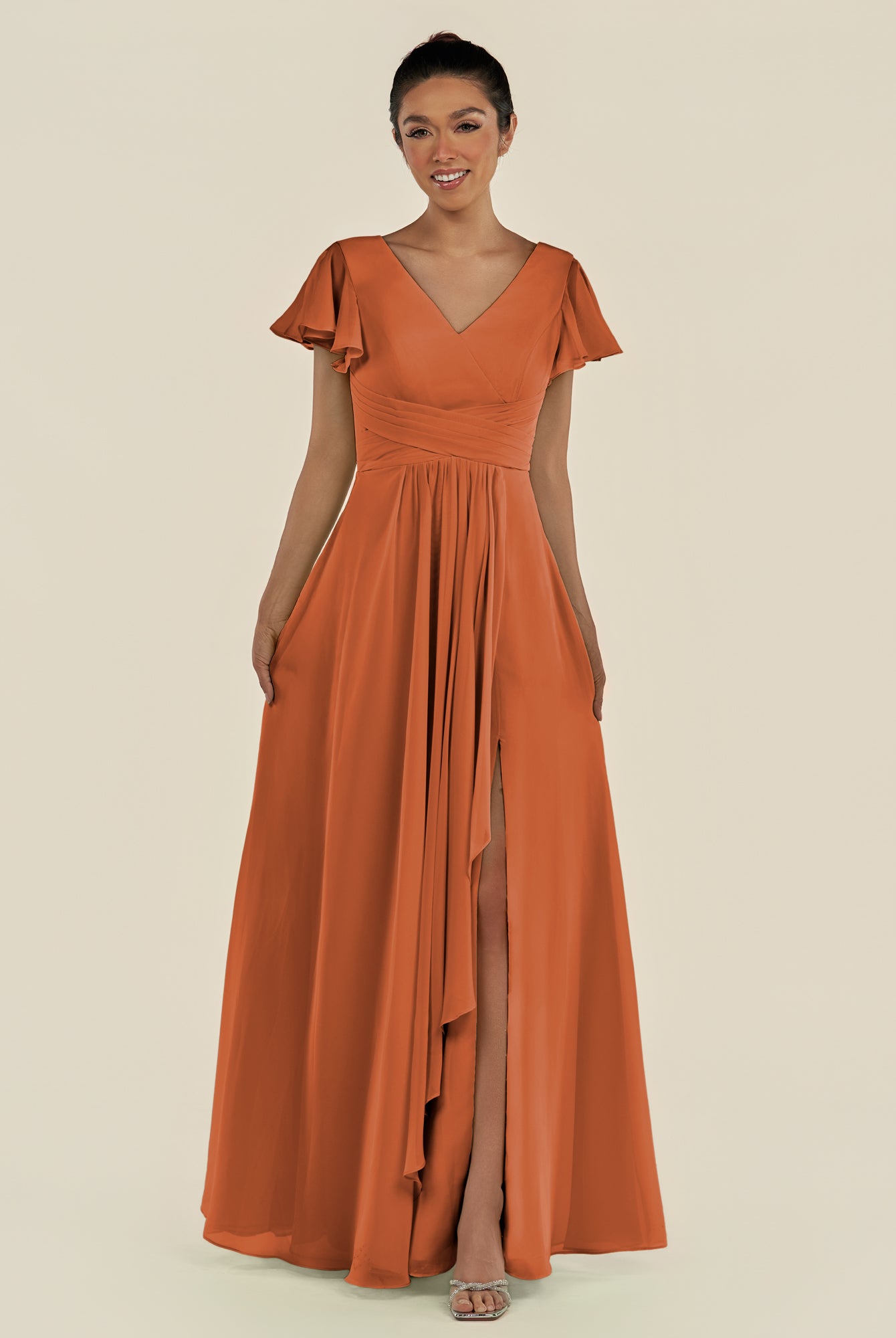 KissDress-Corin Terracotta A Line Chiffon V Neck Long Bridesmaid Dress with Flutter Sleeves