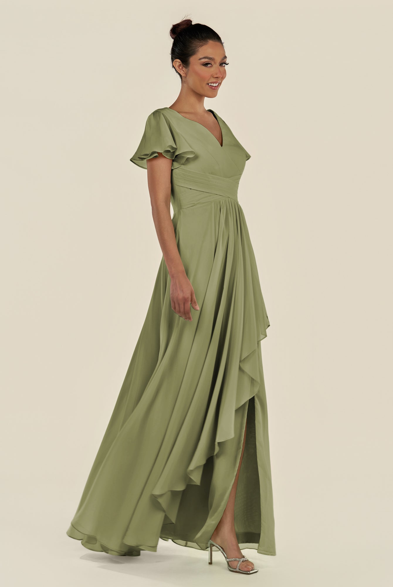 KissDress-Corin Thyme A Line Chiffon V Neck Long Bridesmaid Dress with Flutter Sleeves