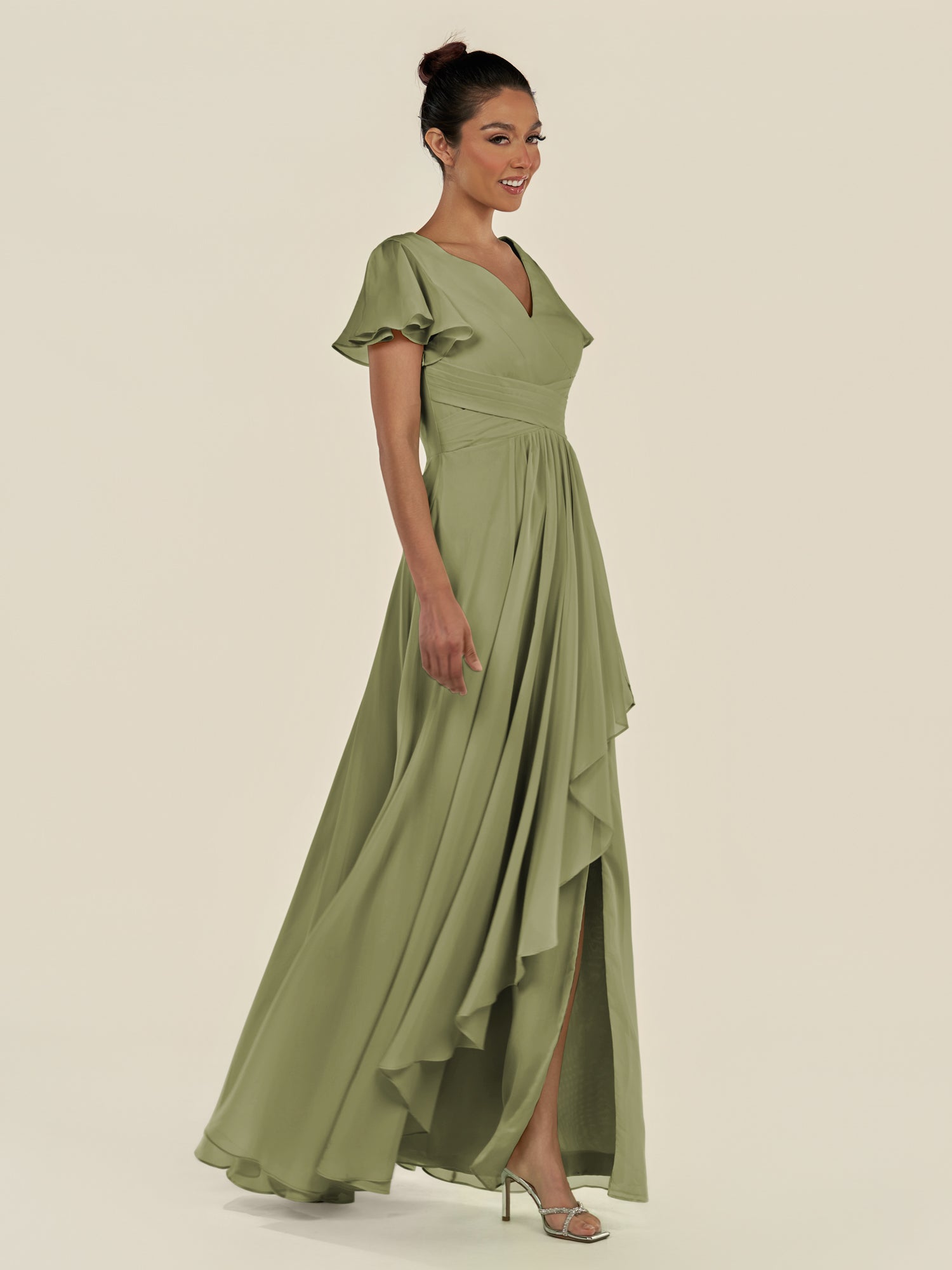 KissDress-Corin Thyme A Line Chiffon V Neck Long Bridesmaid Dress with Flutter Sleeves