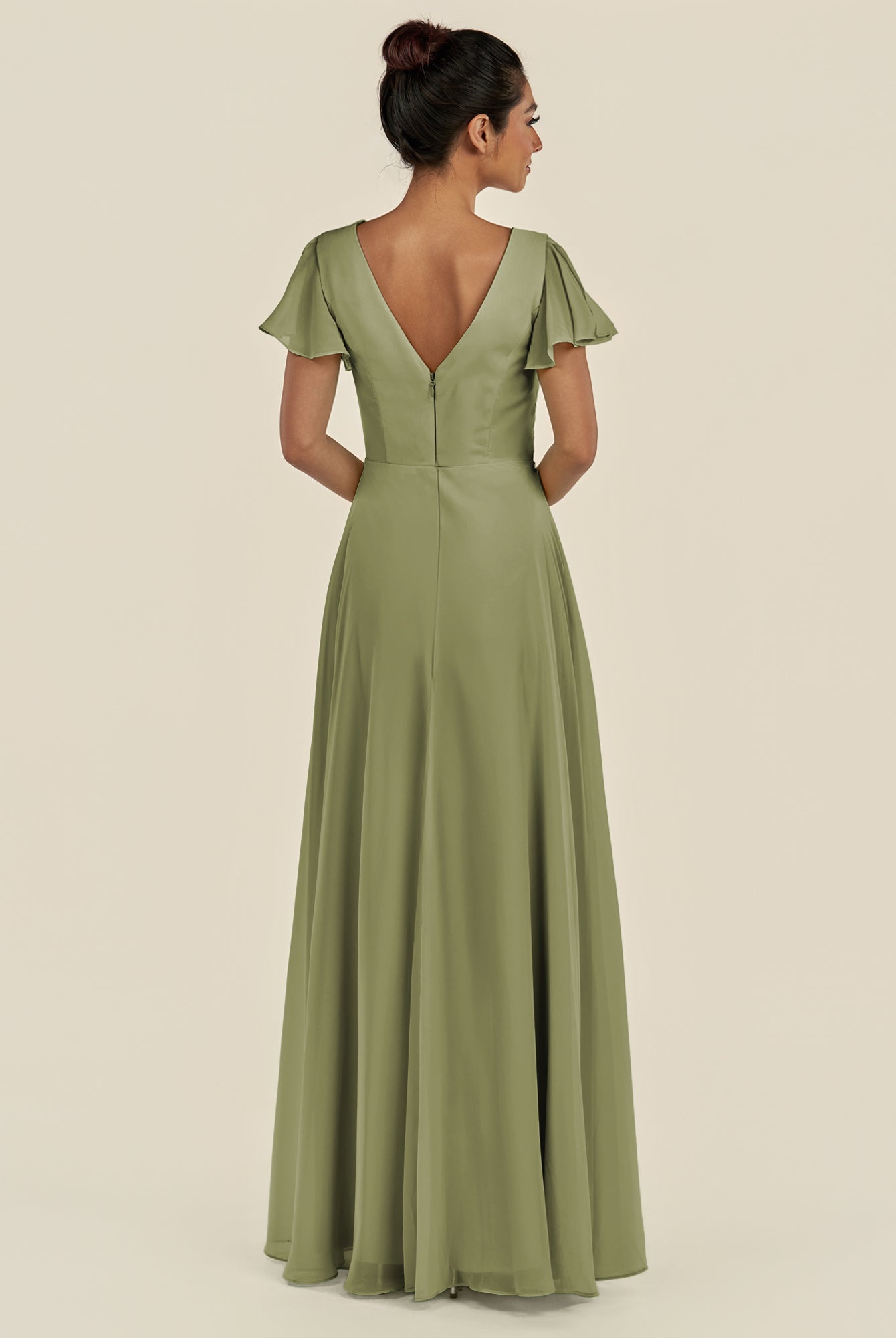 KissDress-Corin Thyme A Line Chiffon V Neck Long Bridesmaid Dress with Flutter Sleeves