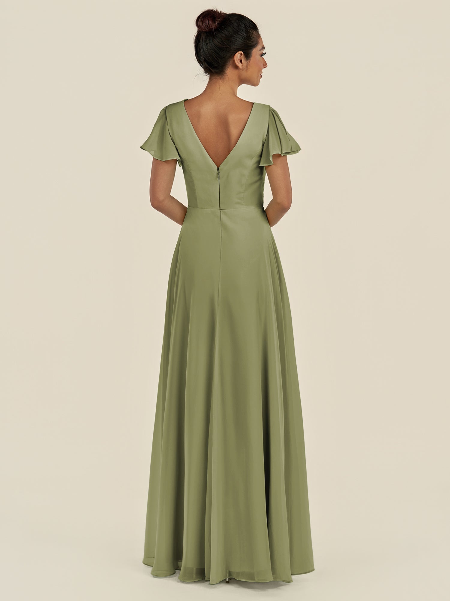 KissDress-Corin Thyme A Line Chiffon V Neck Long Bridesmaid Dress with Flutter Sleeves