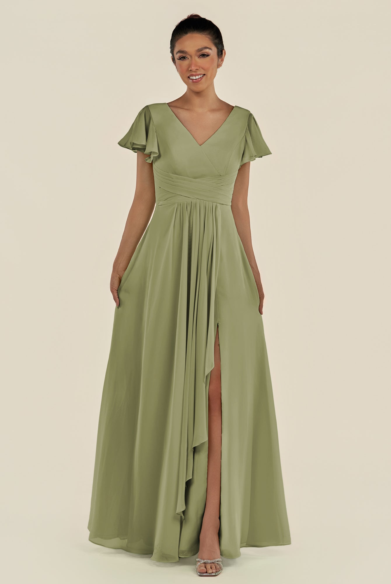 KissDress-Corin Thyme A Line Chiffon V Neck Long Bridesmaid Dress with Flutter Sleeves