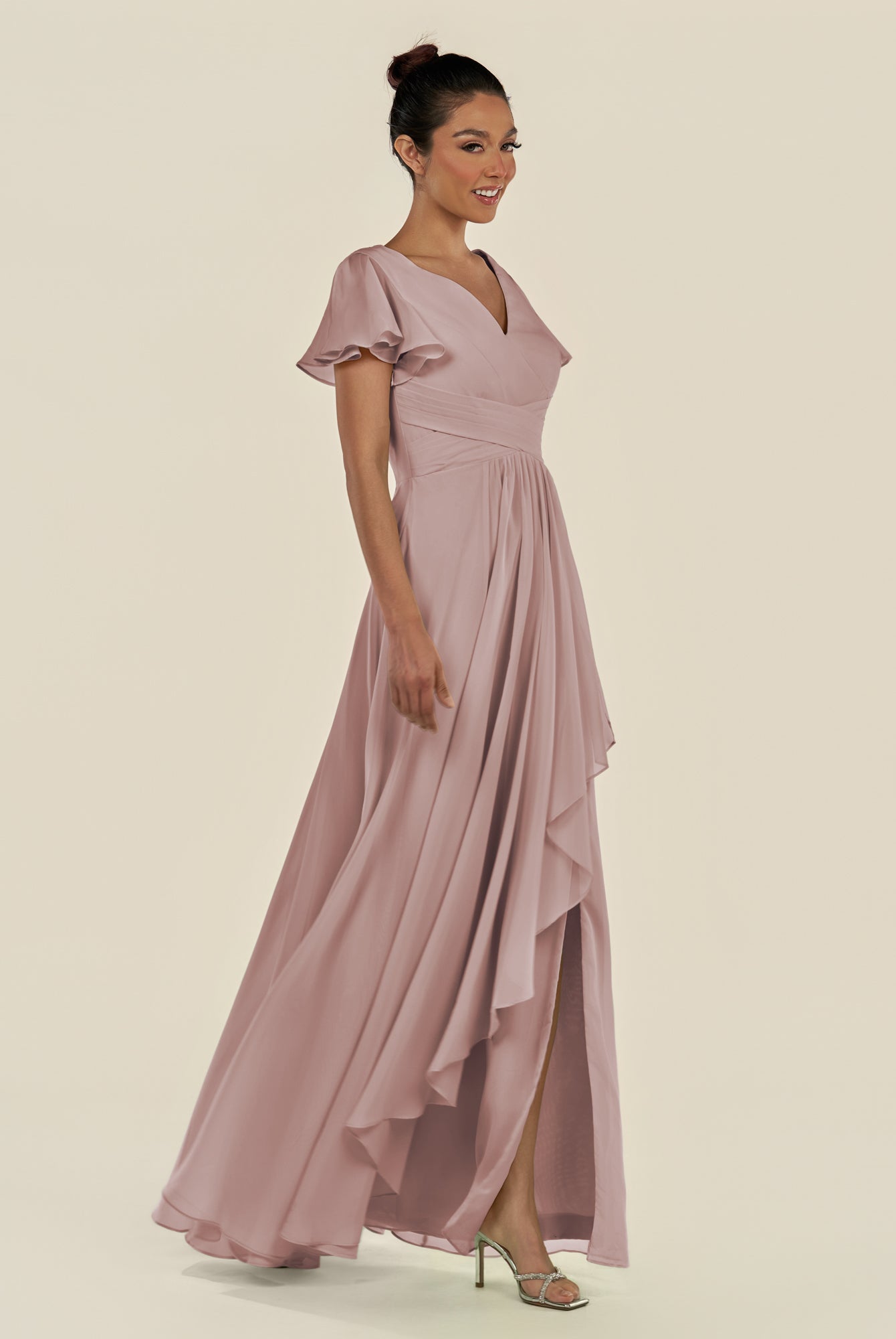 KissDress-Corin Toffee A Line Chiffon V Neck Long Bridesmaid Dress with Flutter Sleeves