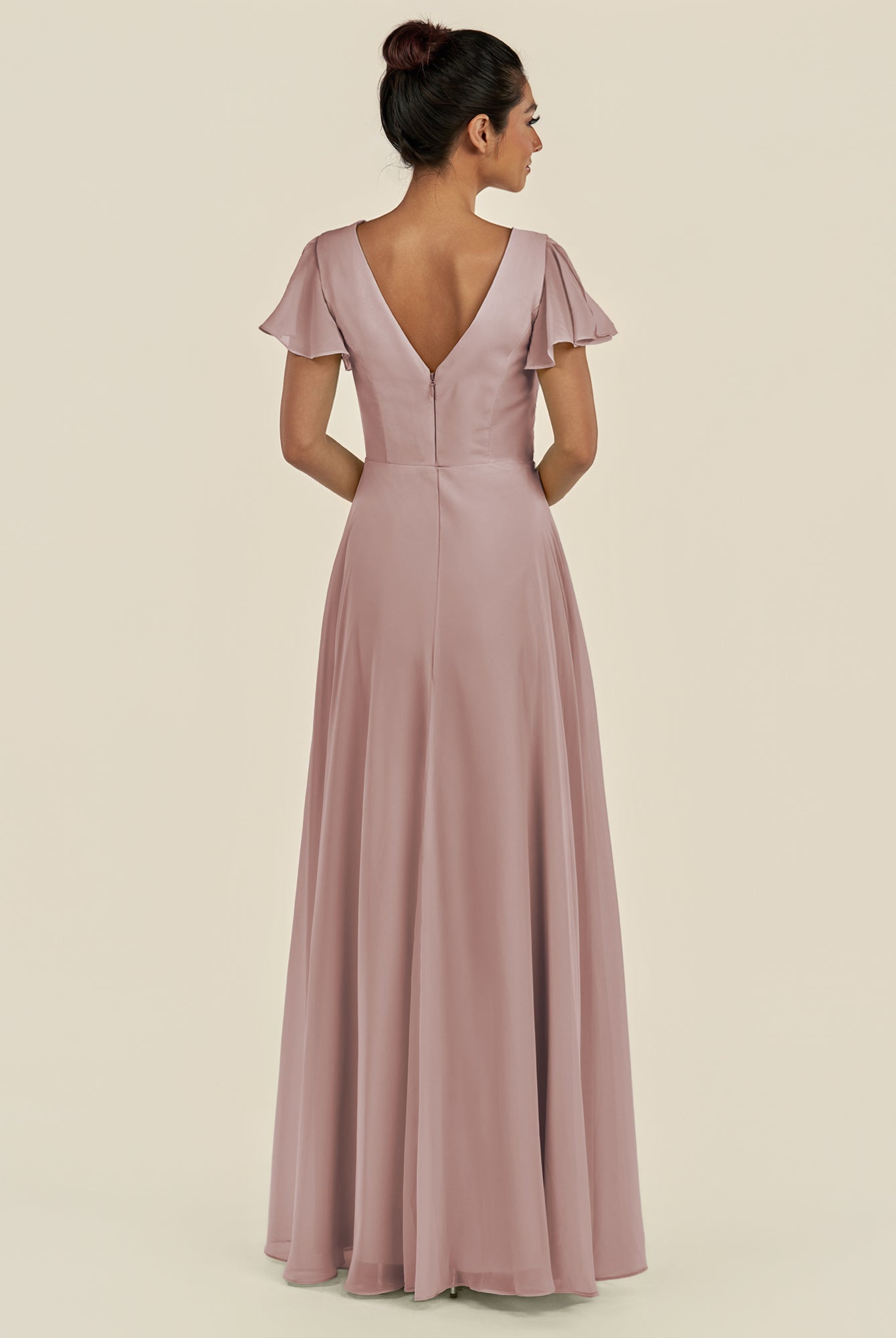 KissDress-Corin Toffee A Line Chiffon V Neck Long Bridesmaid Dress with Flutter Sleeves