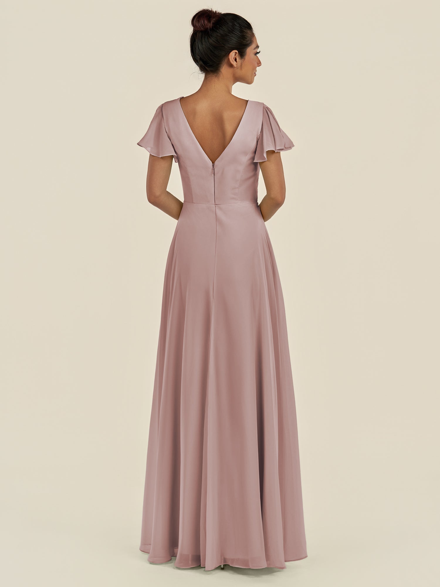 KissDress-Corin Toffee A Line Chiffon V Neck Long Bridesmaid Dress with Flutter Sleeves