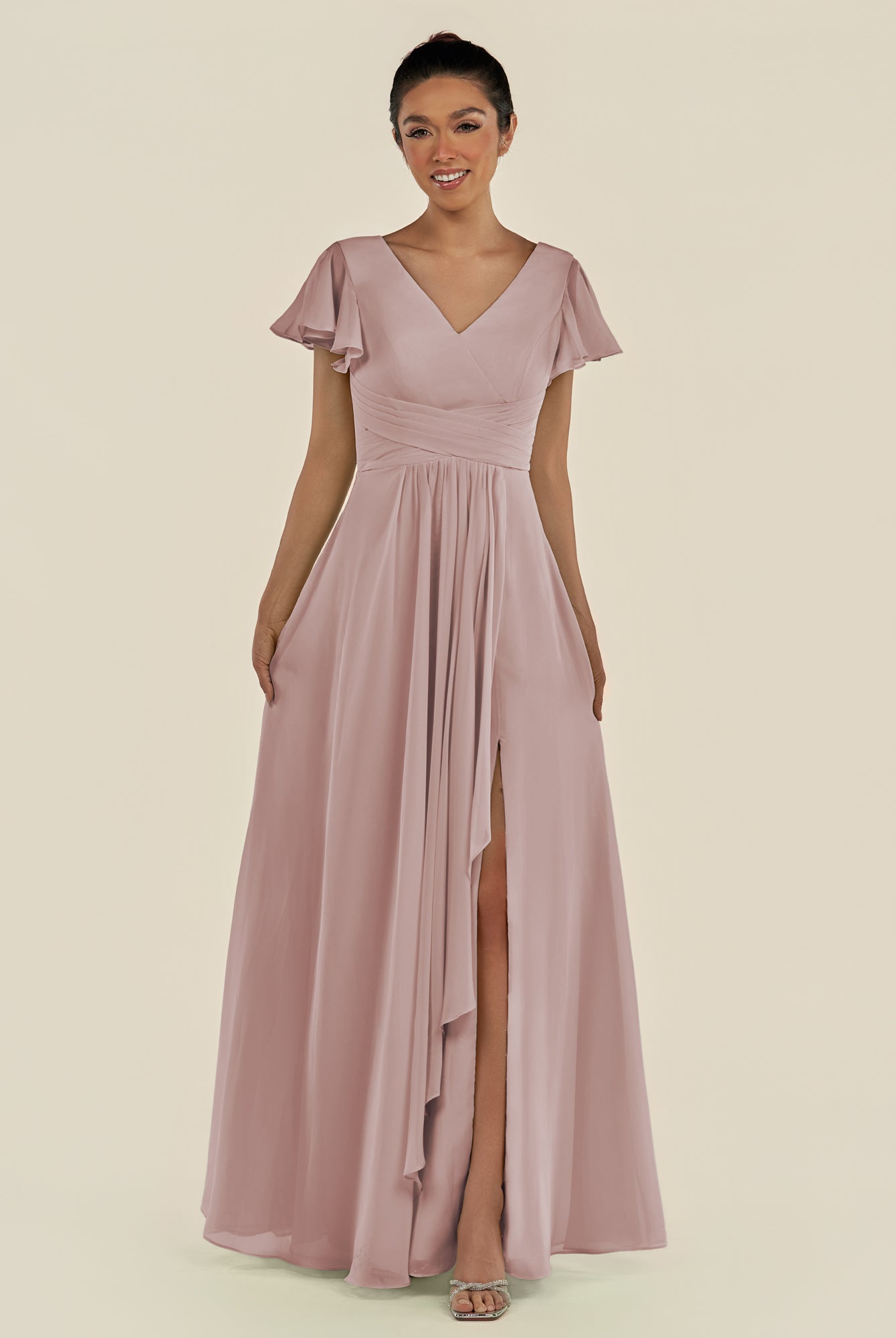 KissDress-Corin Toffee A Line Chiffon V Neck Long Bridesmaid Dress with Flutter Sleeves