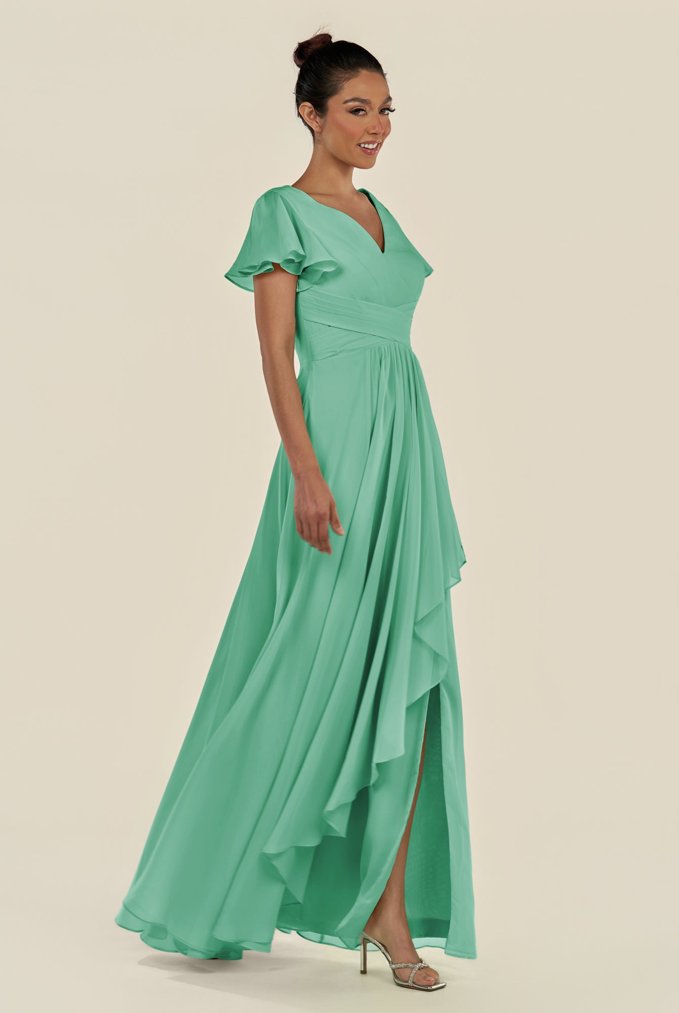 KissDress-Corin Turquoise A Line Chiffon V Neck Long Bridesmaid Dress with Flutter Sleeves