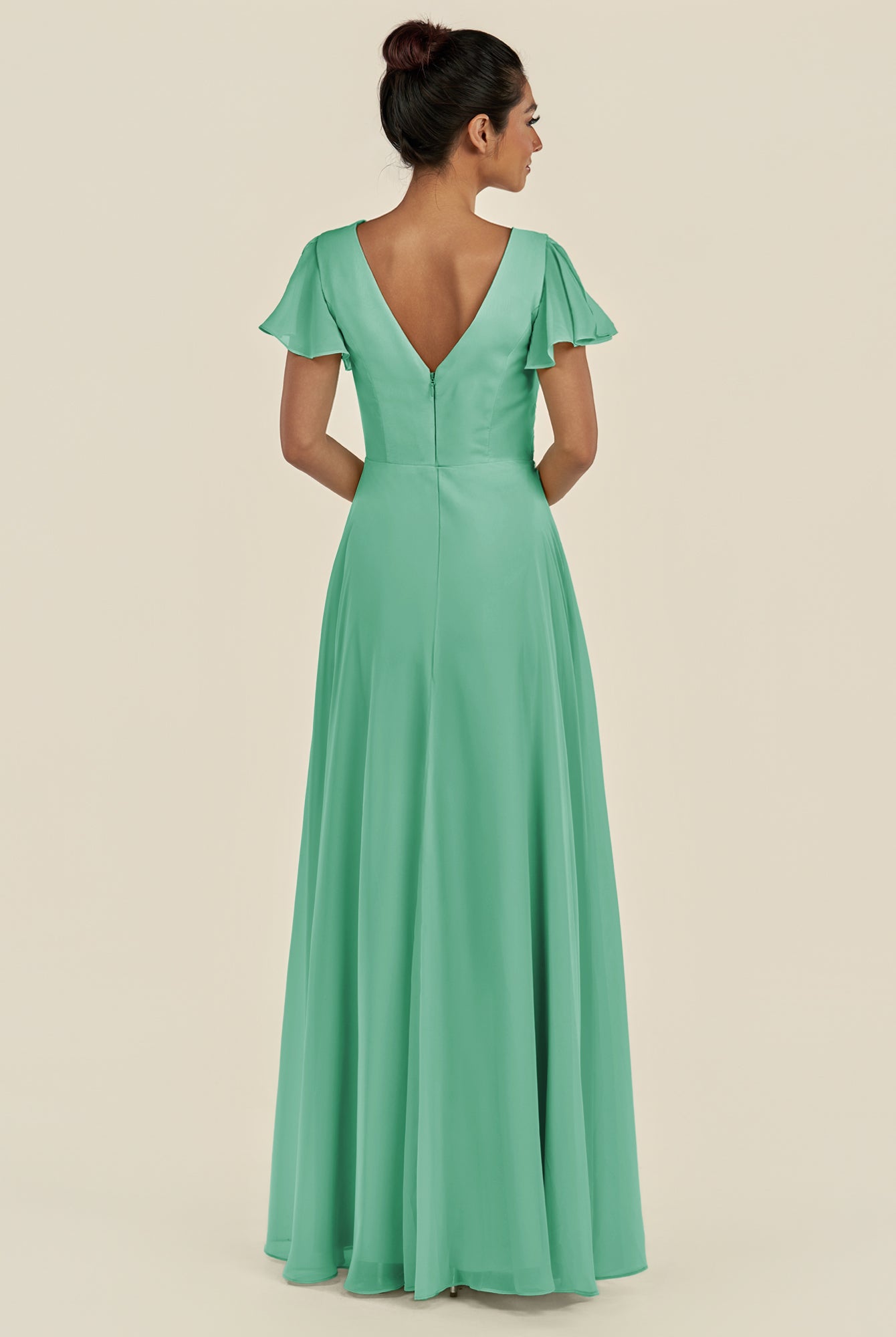 KissDress-Corin Turquoise A Line Chiffon V Neck Long Bridesmaid Dress with Flutter Sleeves