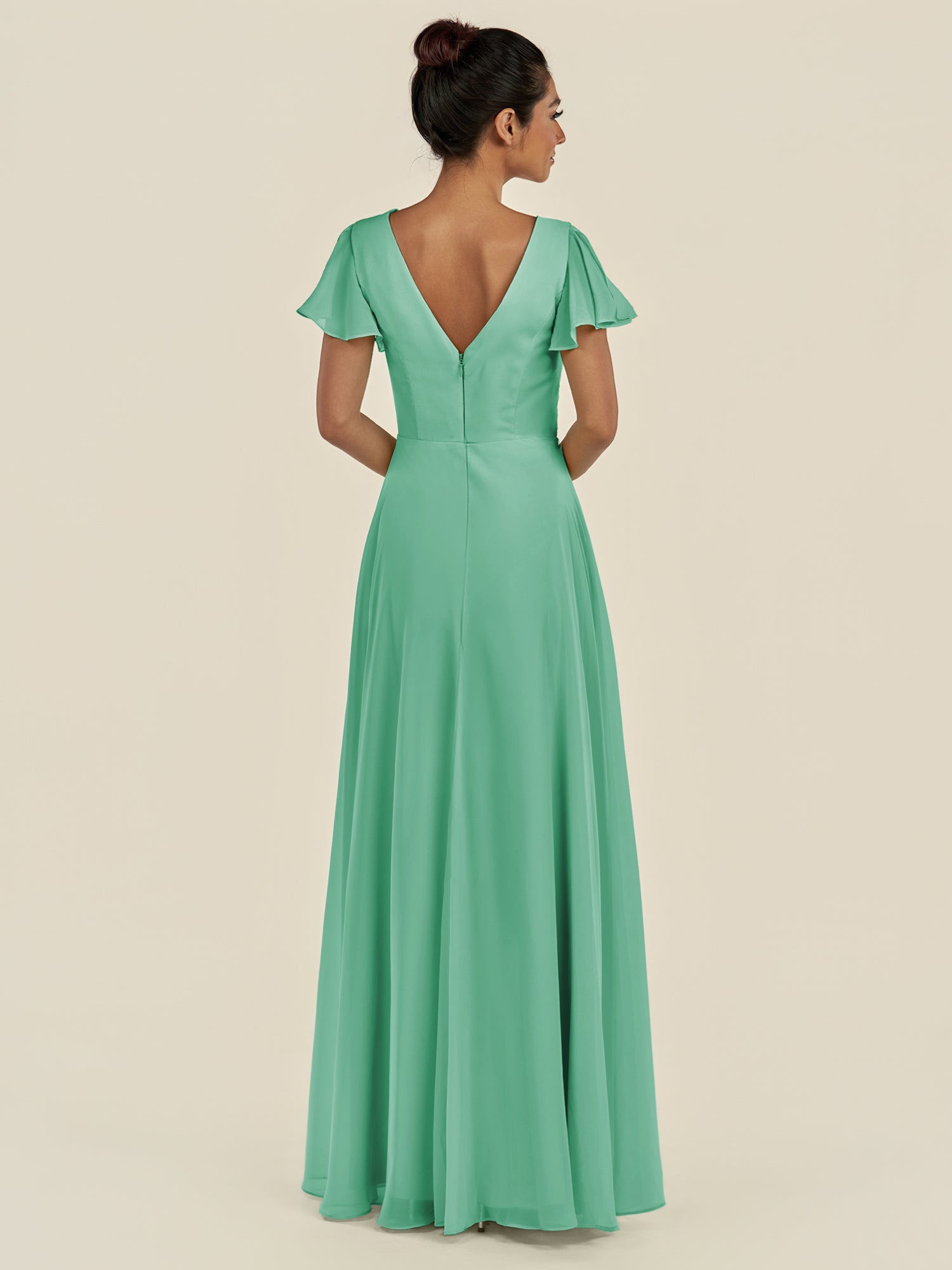 KissDress-Corin Turquoise A Line Chiffon V Neck Long Bridesmaid Dress with Flutter Sleeves