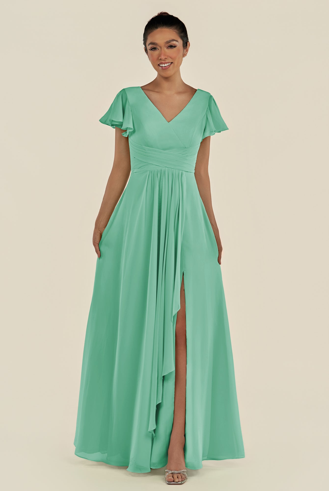 KissDress-Corin Turquoise A Line Chiffon V Neck Long Bridesmaid Dress with Flutter Sleeves