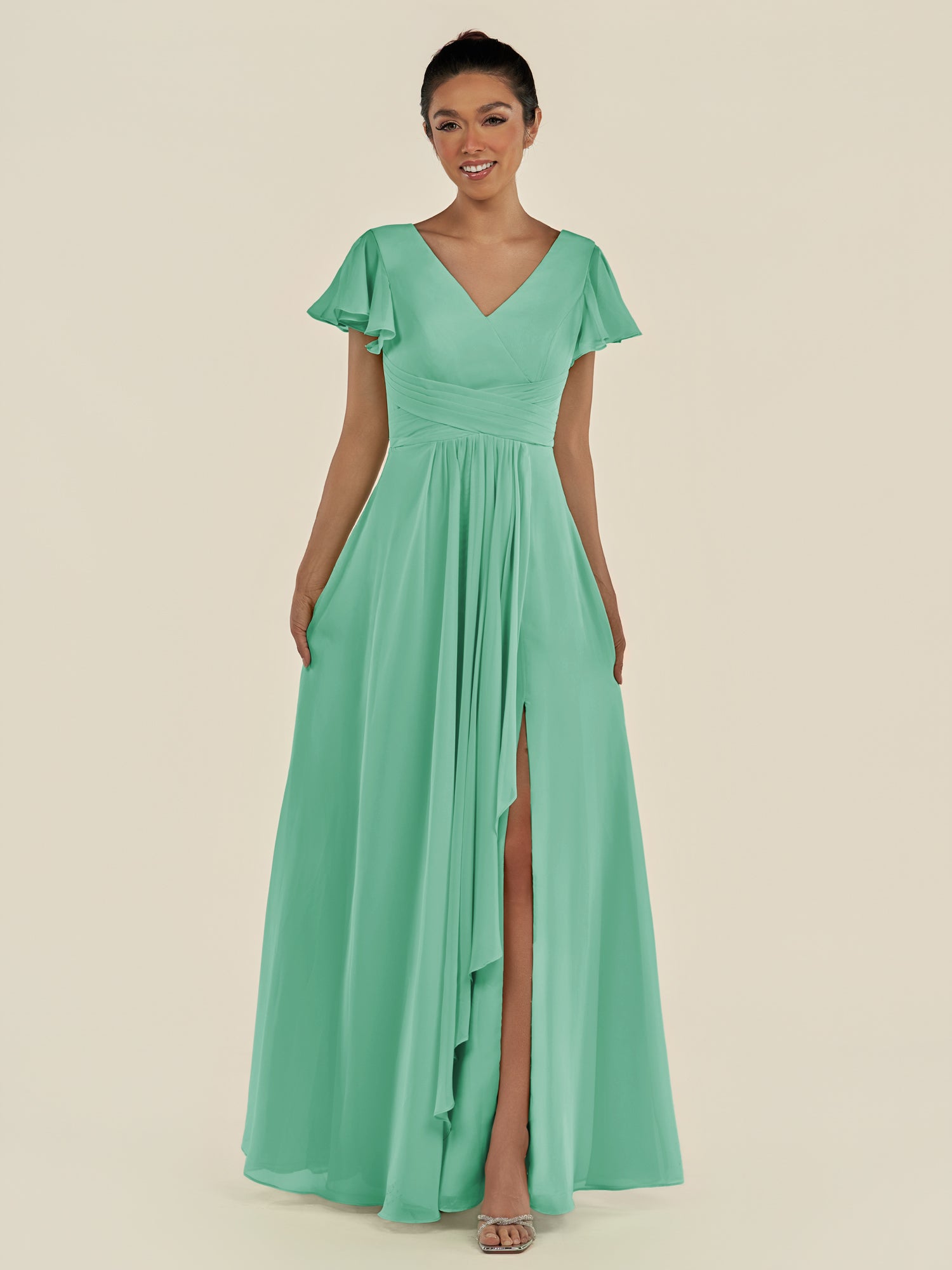 KissDress-Corin Turquoise A Line Chiffon V Neck Long Bridesmaid Dress with Flutter Sleeves