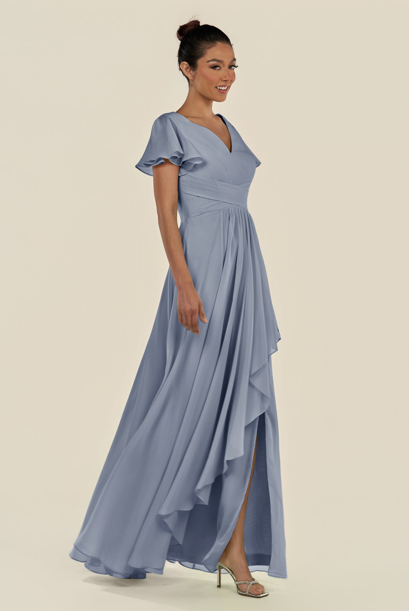 KissDress-Corin Twilight A Line Chiffon V Neck Long Bridesmaid Dress with Flutter Sleeves
