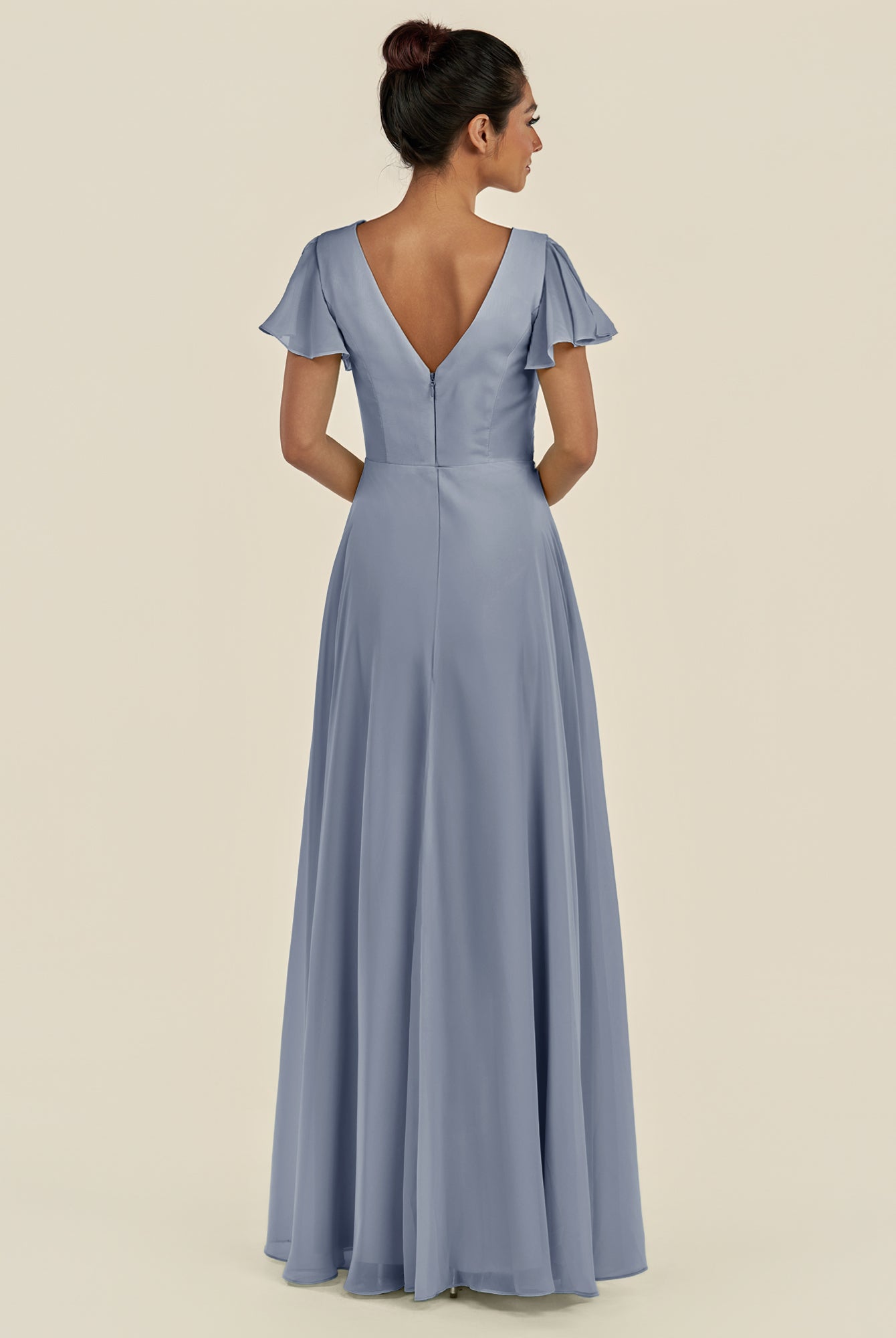 KissDress-Corin Twilight A Line Chiffon V Neck Long Bridesmaid Dress with Flutter Sleeves