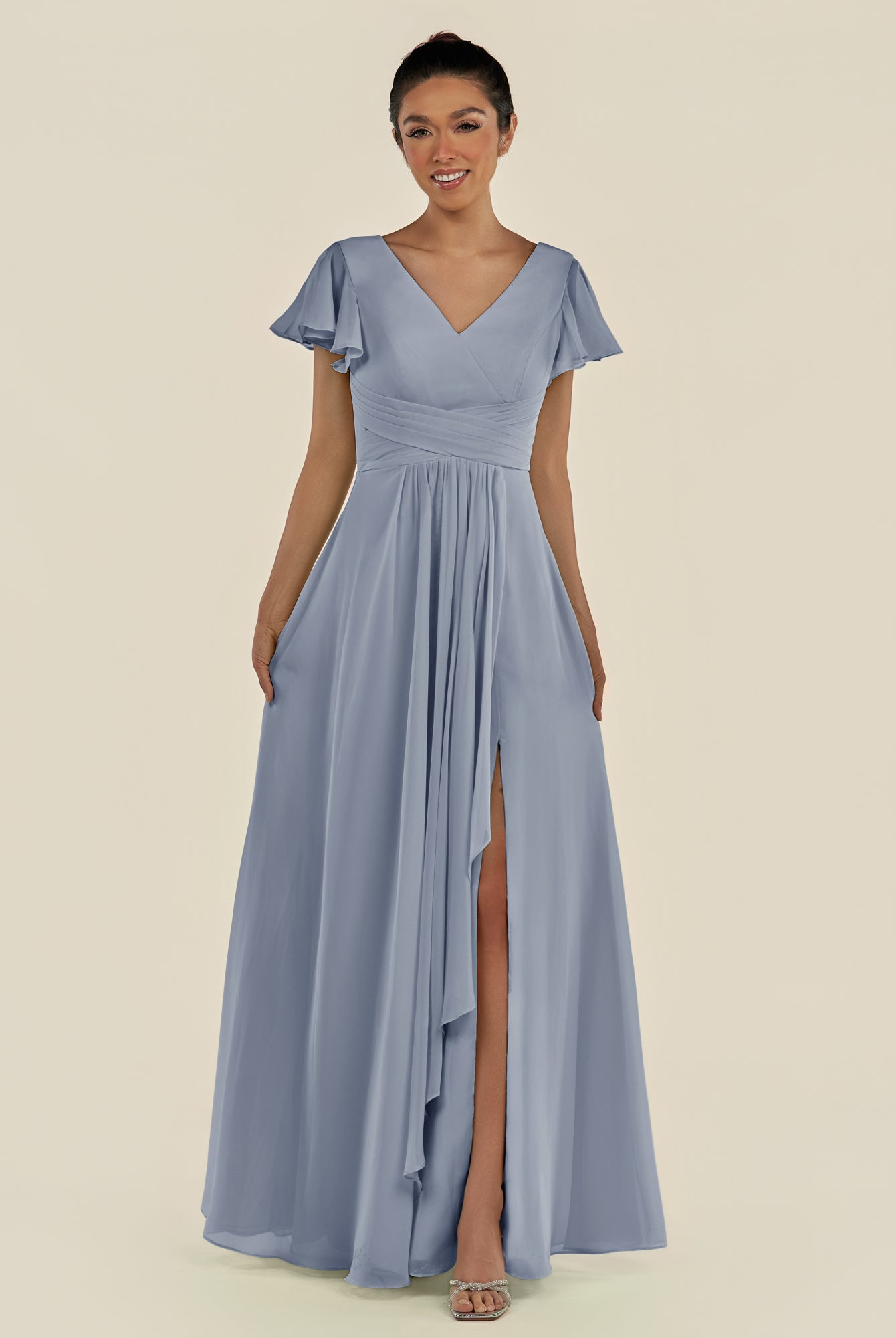 KissDress-Corin Twilight A Line Chiffon V Neck Long Bridesmaid Dress with Flutter Sleeves