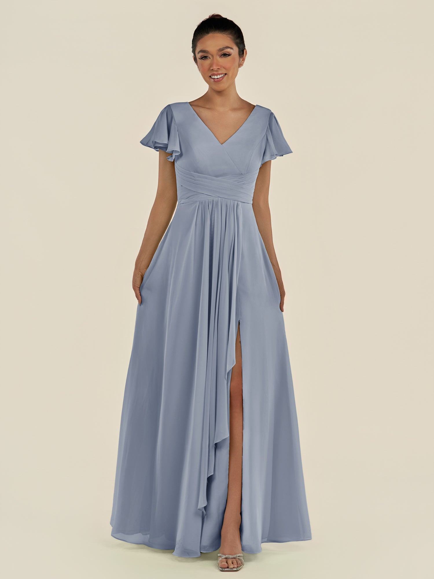 KissDress-Corin Twilight A Line Chiffon V Neck Long Bridesmaid Dress with Flutter Sleeves