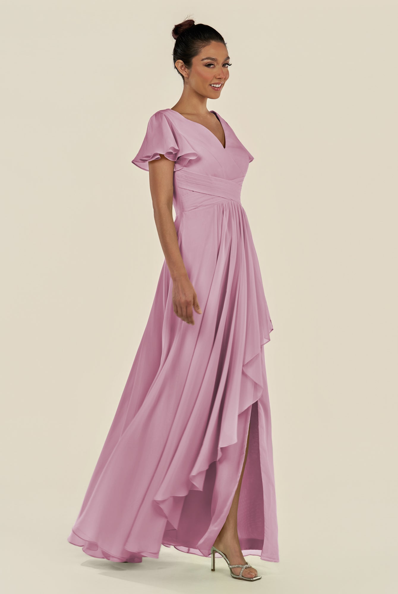 KissDress-Corin Vintage Mauve A Line Chiffon V Neck Long Bridesmaid Dress with Flutter Sleeves