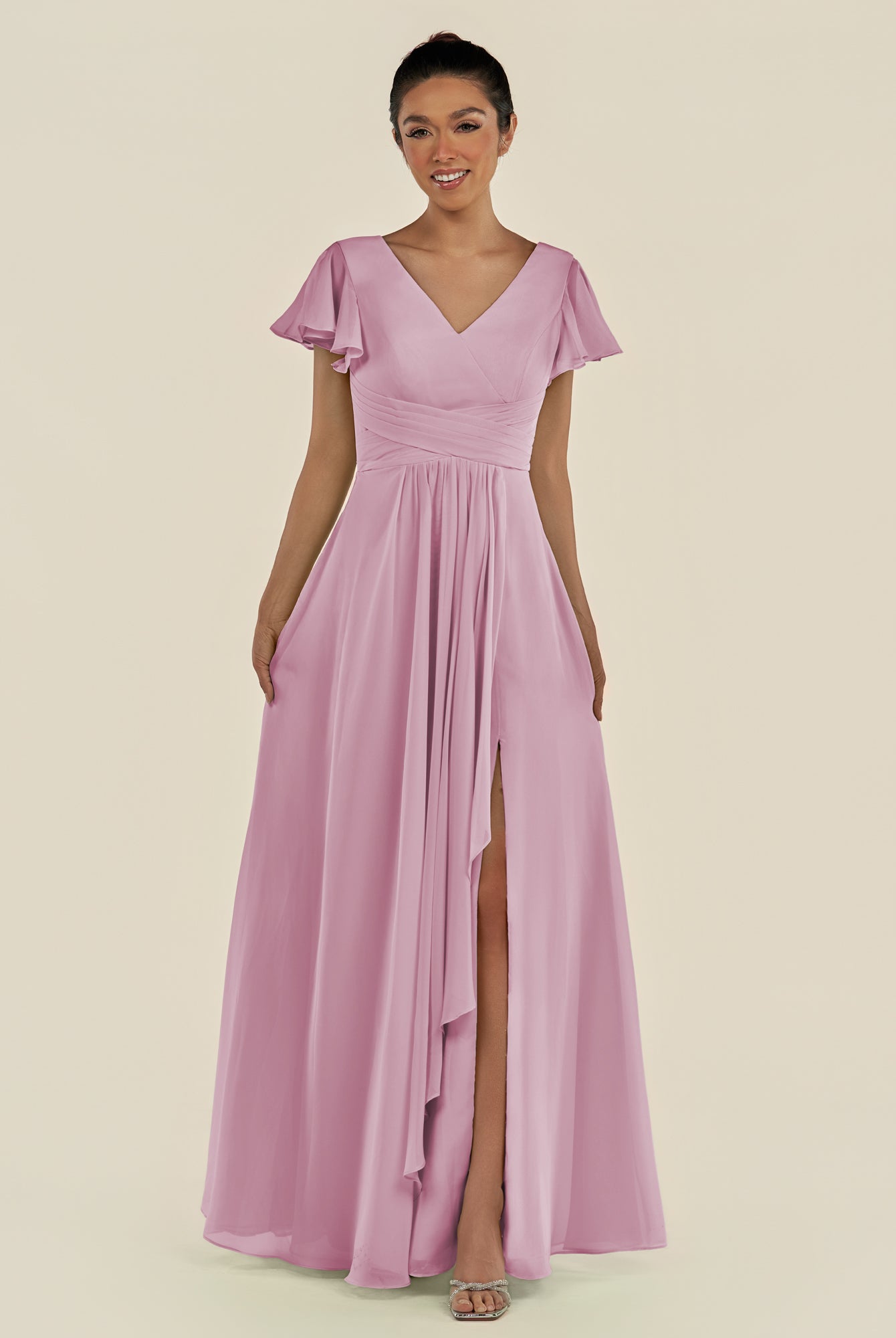 KissDress-Corin Vintage Mauve A Line Chiffon V Neck Long Bridesmaid Dress with Flutter Sleeves