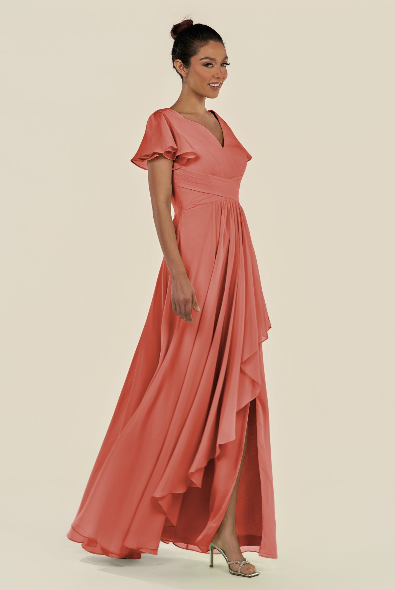 KissDress-Corin Wild Rose A Line Chiffon V Neck Long Bridesmaid Dress with Flutter Sleeves