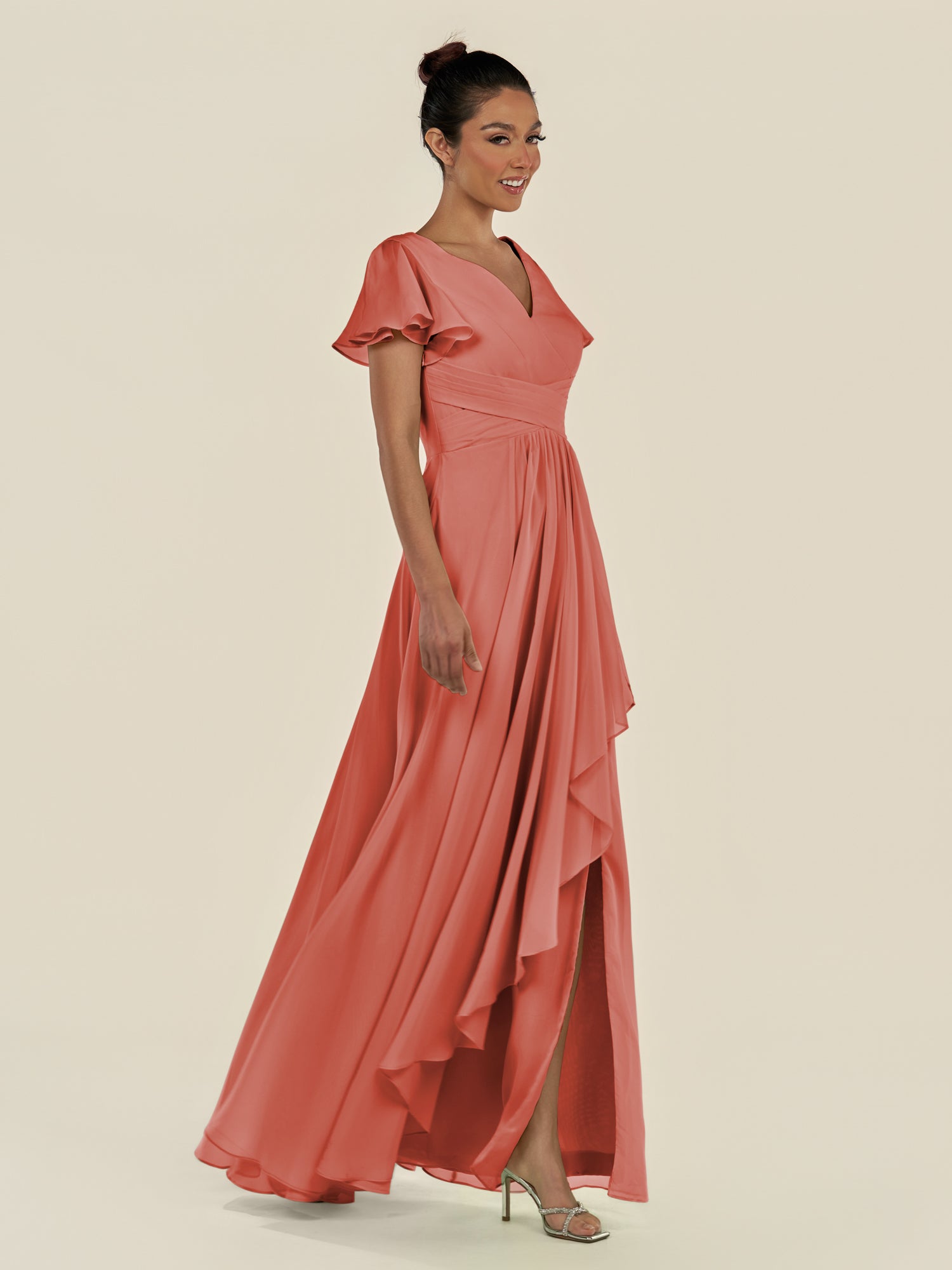KissDress-Corin Wild Rose A Line Chiffon V Neck Long Bridesmaid Dress with Flutter Sleeves
