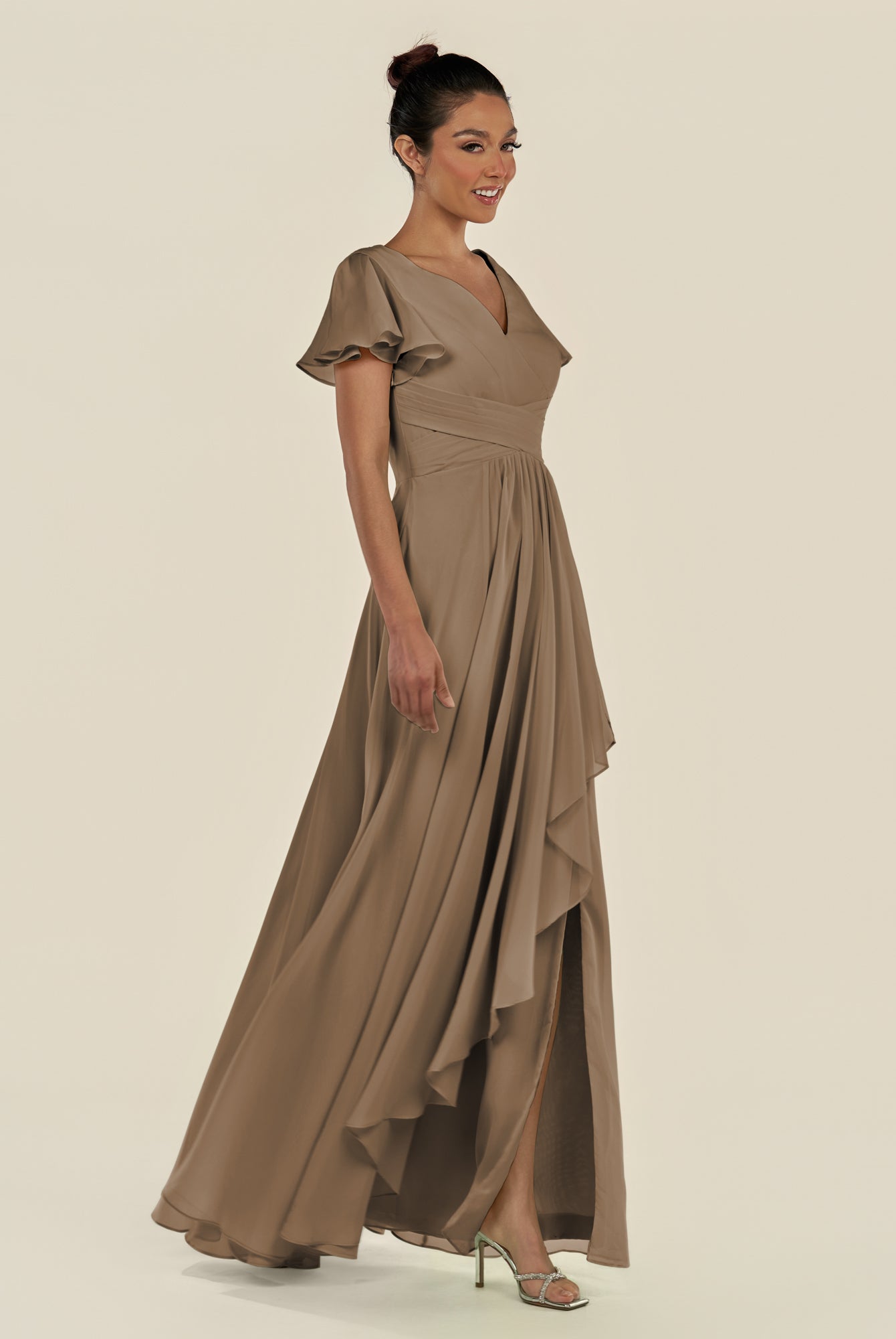 KissDress-Corin Willow Green A Line Chiffon V Neck Long Bridesmaid Dress with Flutter Sleeves