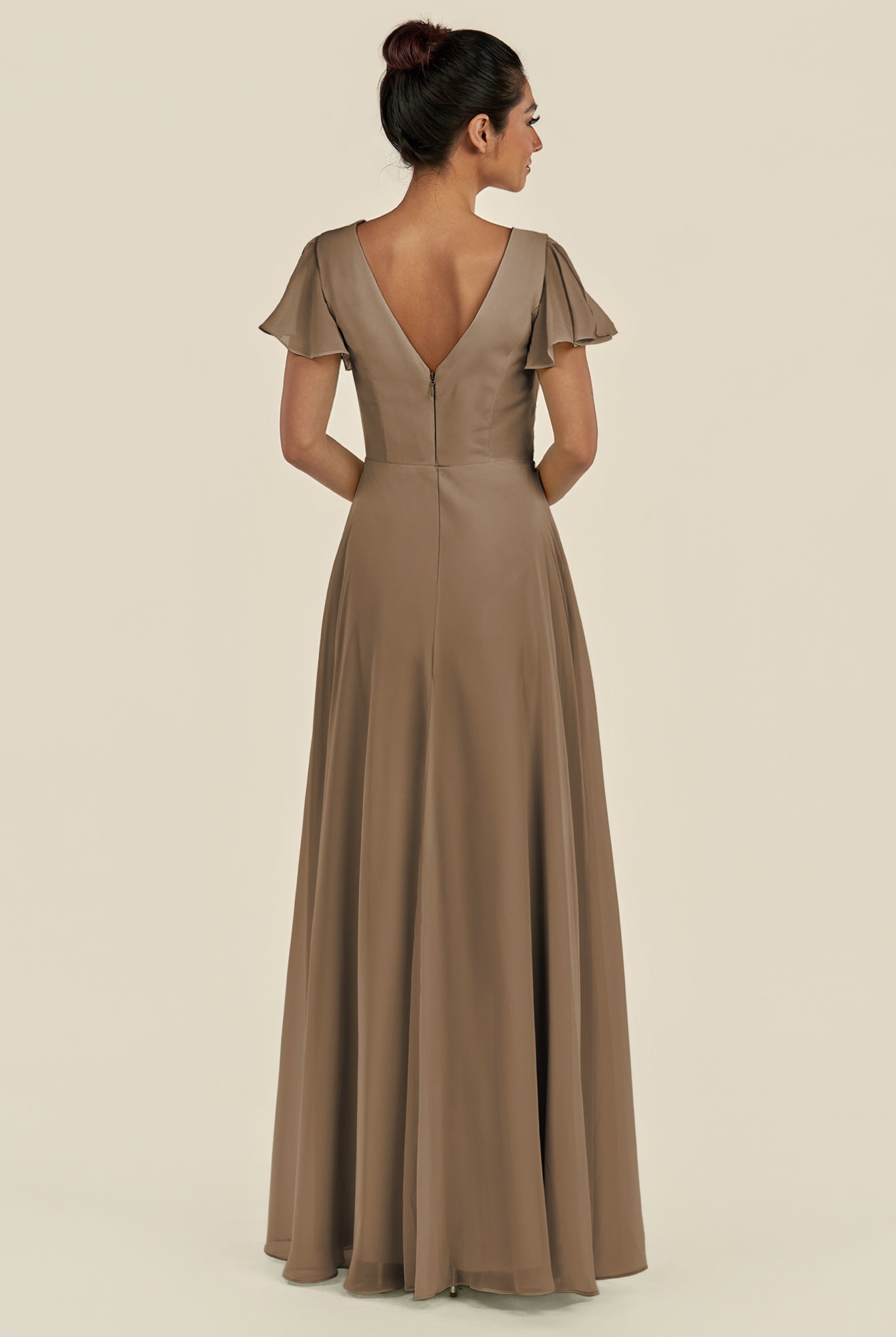 KissDress-Corin Willow Green A Line Chiffon V Neck Long Bridesmaid Dress with Flutter Sleeves