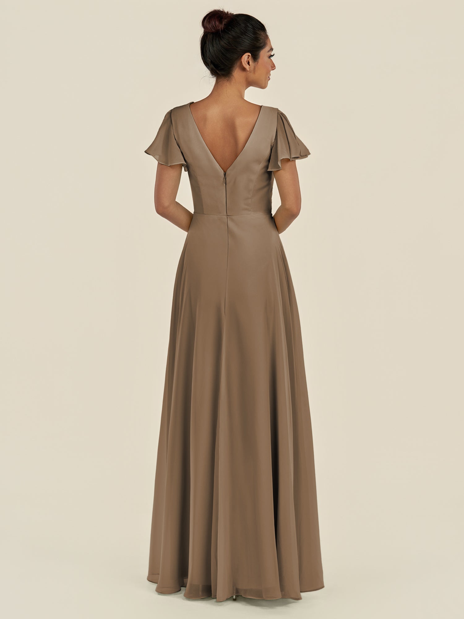 KissDress-Corin Willow Green A Line Chiffon V Neck Long Bridesmaid Dress with Flutter Sleeves