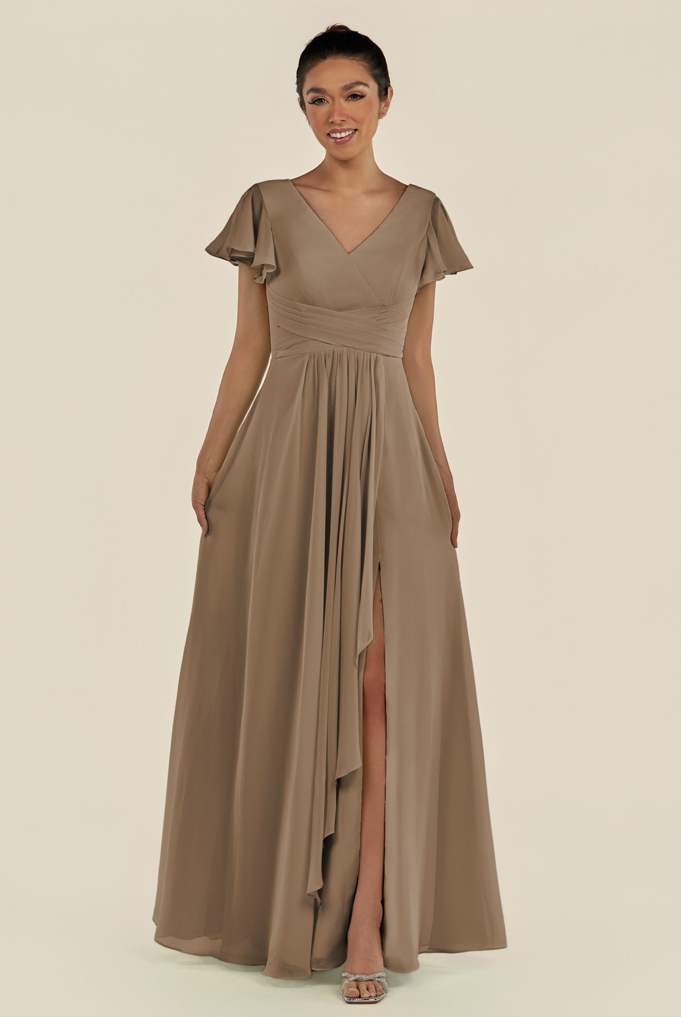 KissDress-Corin Willow Green A Line Chiffon V Neck Long Bridesmaid Dress with Flutter Sleeves