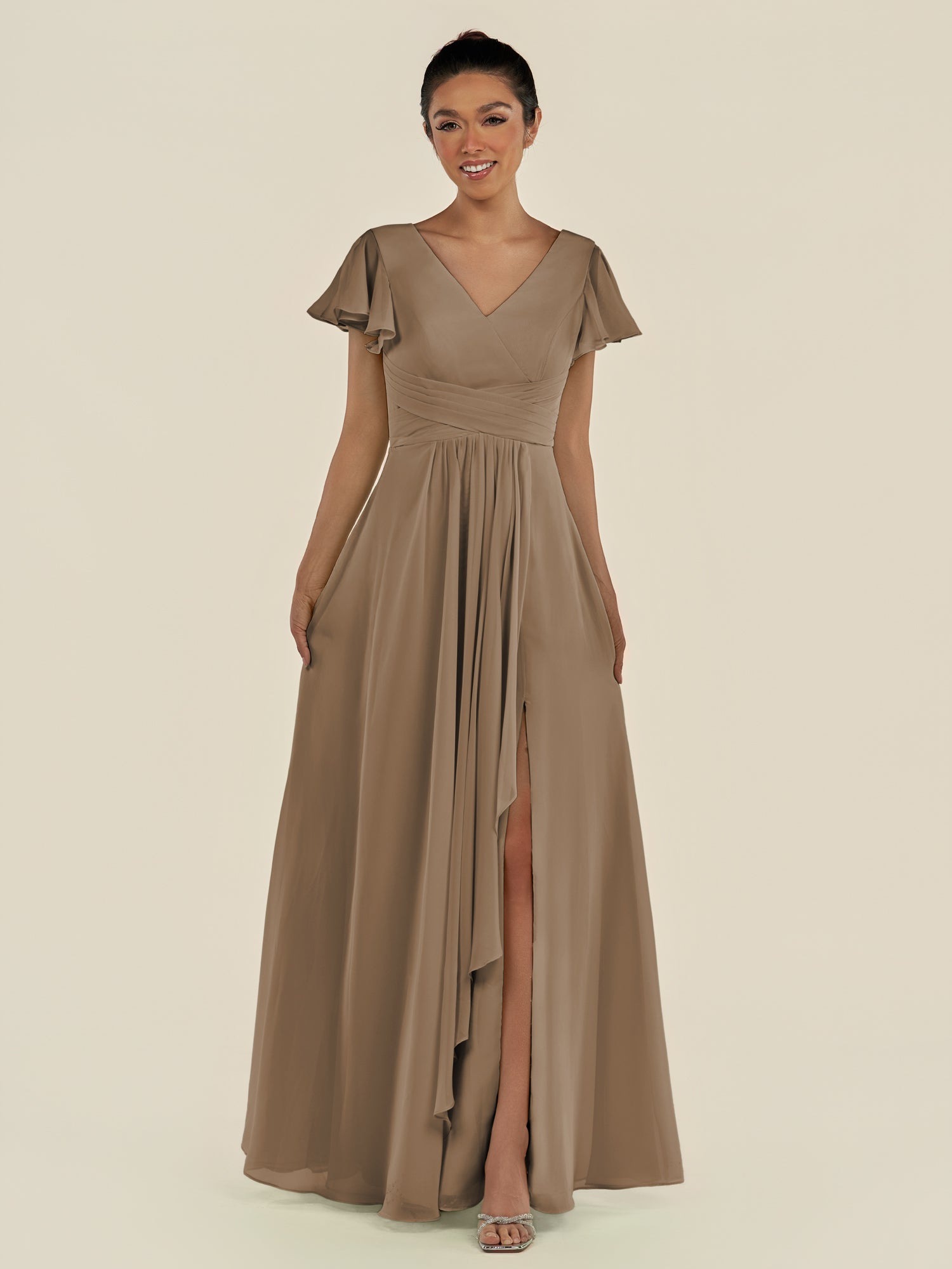 KissDress-Corin Willow Green A Line Chiffon V Neck Long Bridesmaid Dress with Flutter Sleeves