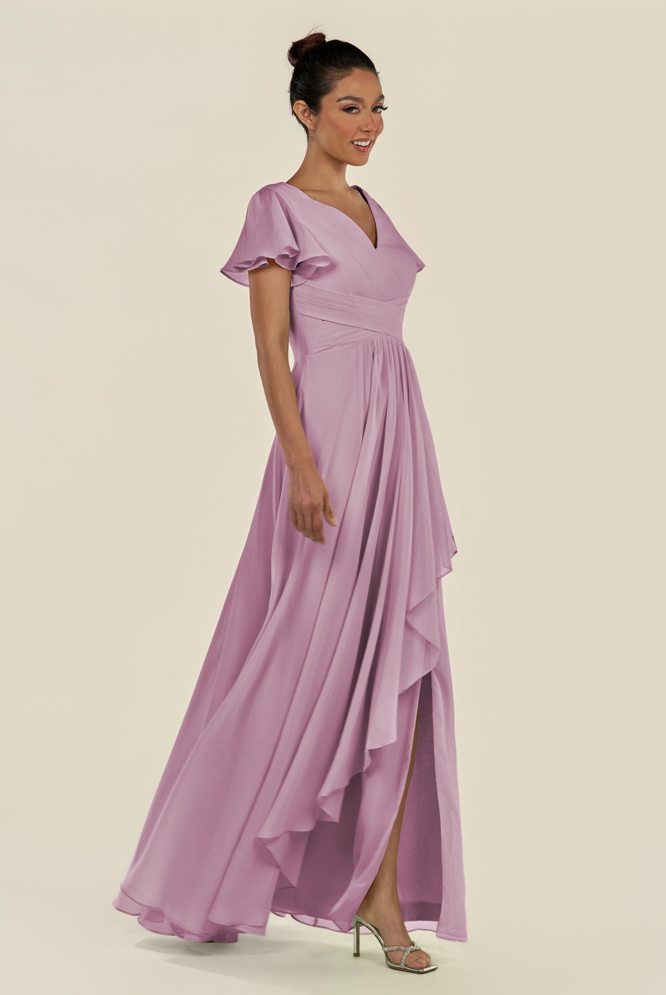 KissDress-Corin Wisteria A Line Chiffon V Neck Long Bridesmaid Dress with Flutter Sleeves