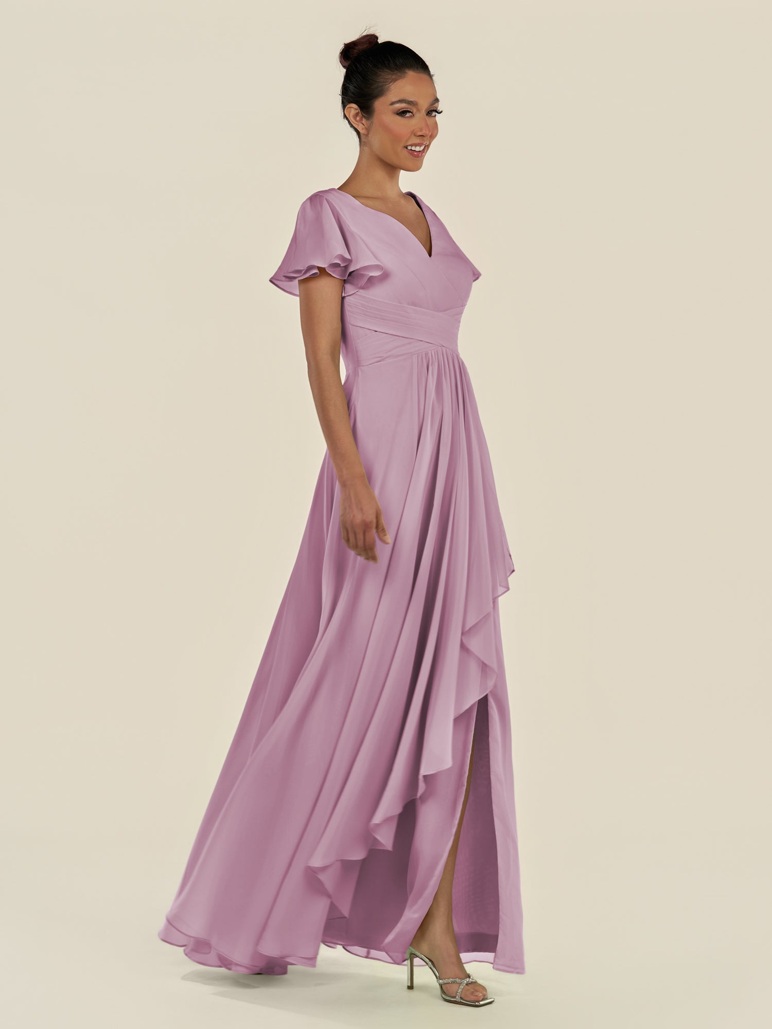 KissDress-Corin Wisteria A Line Chiffon V Neck Long Bridesmaid Dress with Flutter Sleeves