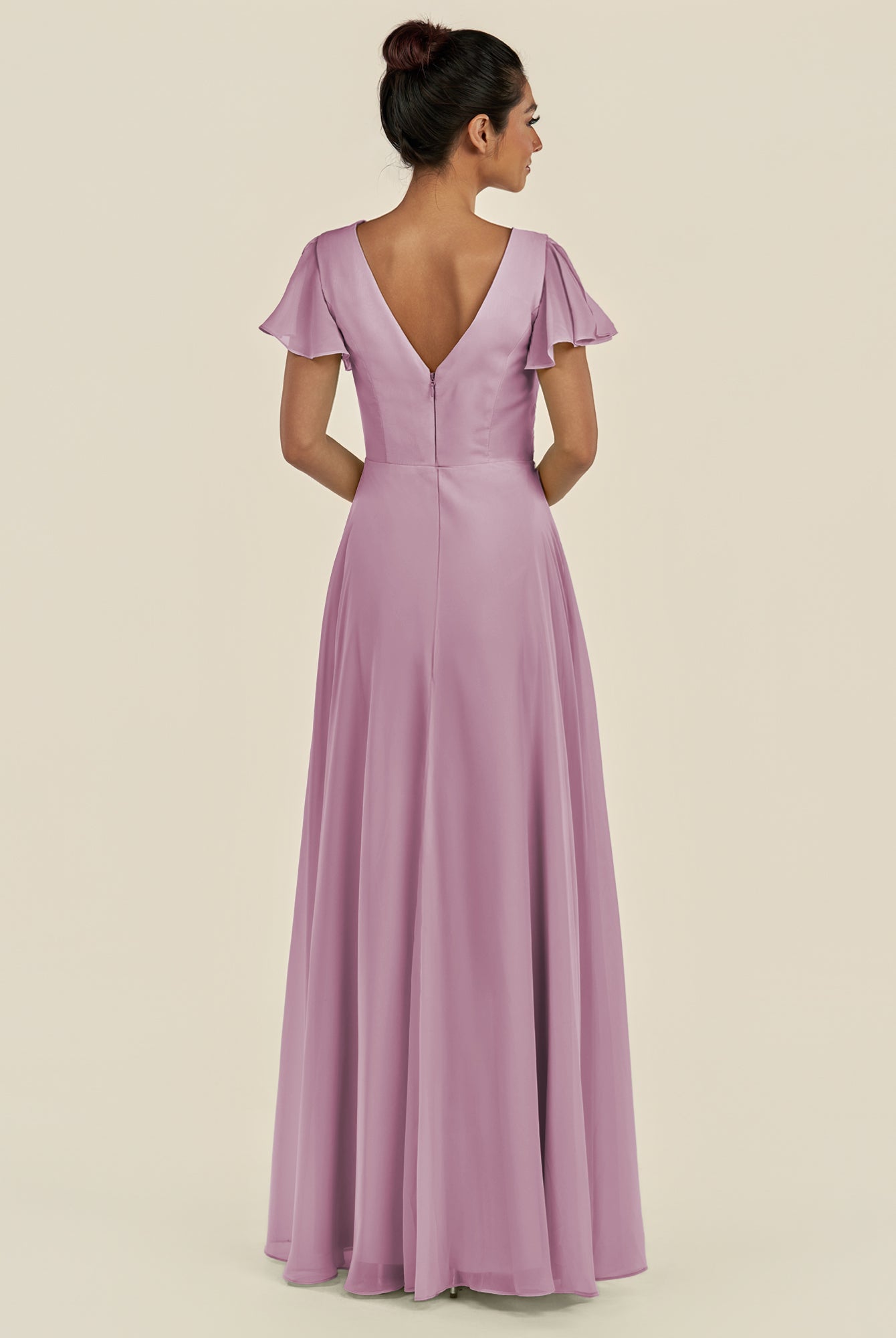 KissDress-Corin Wisteria A Line Chiffon V Neck Long Bridesmaid Dress with Flutter Sleeves