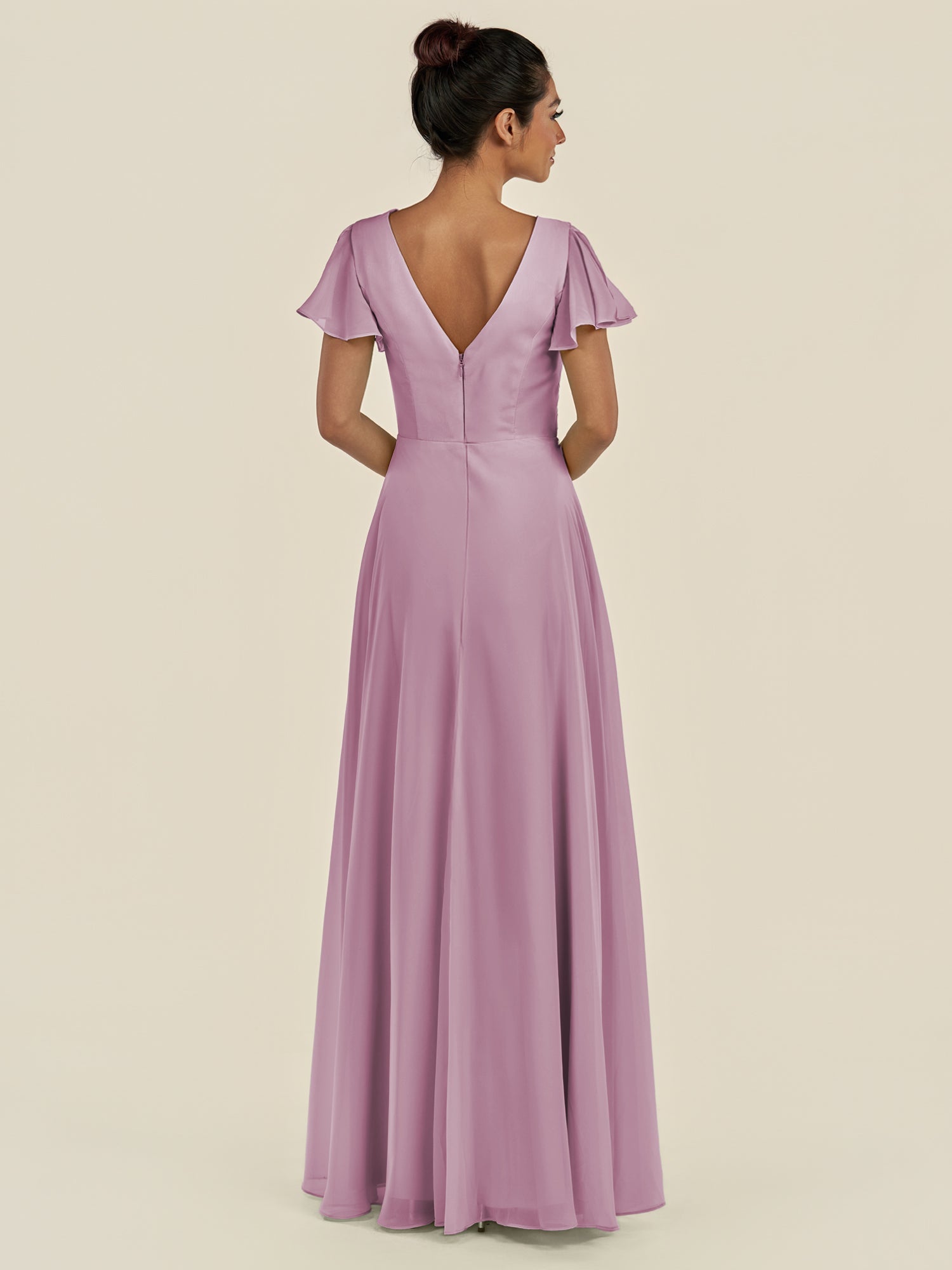 KissDress-Corin Wisteria A Line Chiffon V Neck Long Bridesmaid Dress with Flutter Sleeves