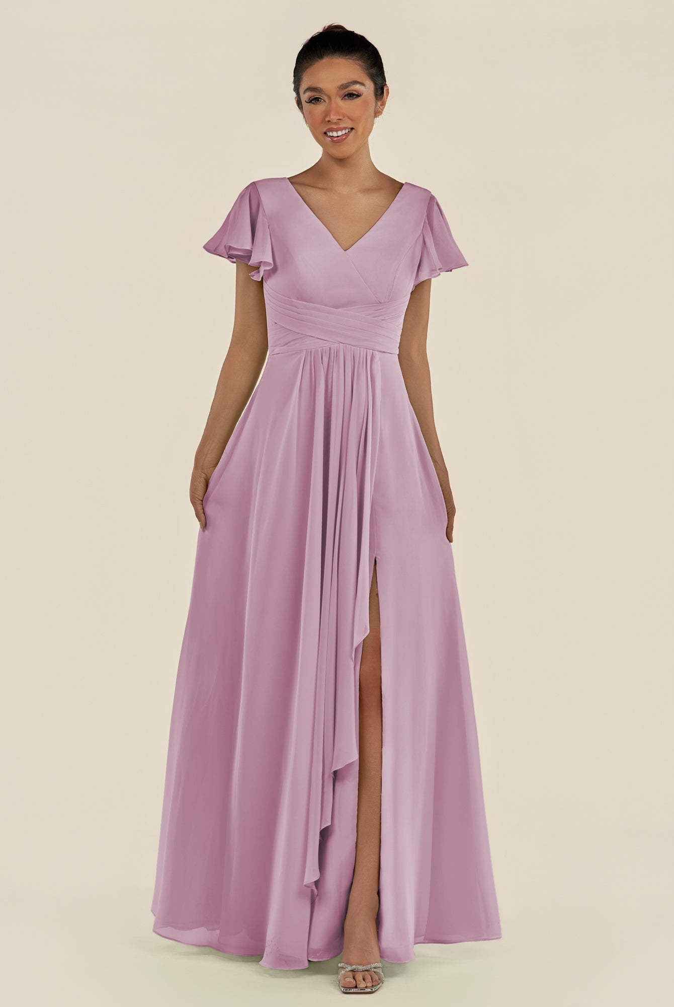 KissDress-Corin Wisteria A Line Chiffon V Neck Long Bridesmaid Dress with Flutter Sleeves