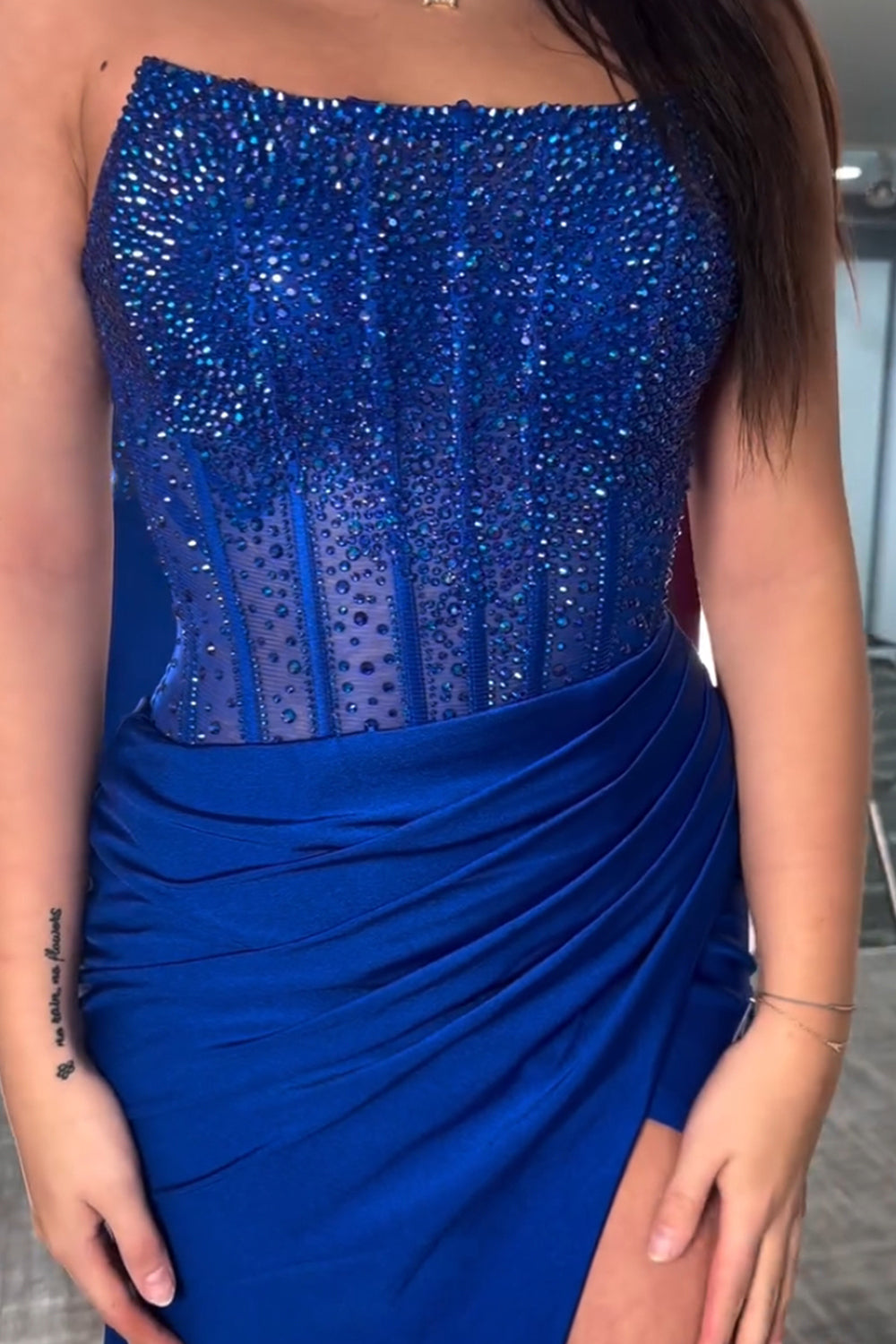 Mermaid Scoop Neck Blue Satin Long Prom Dresses