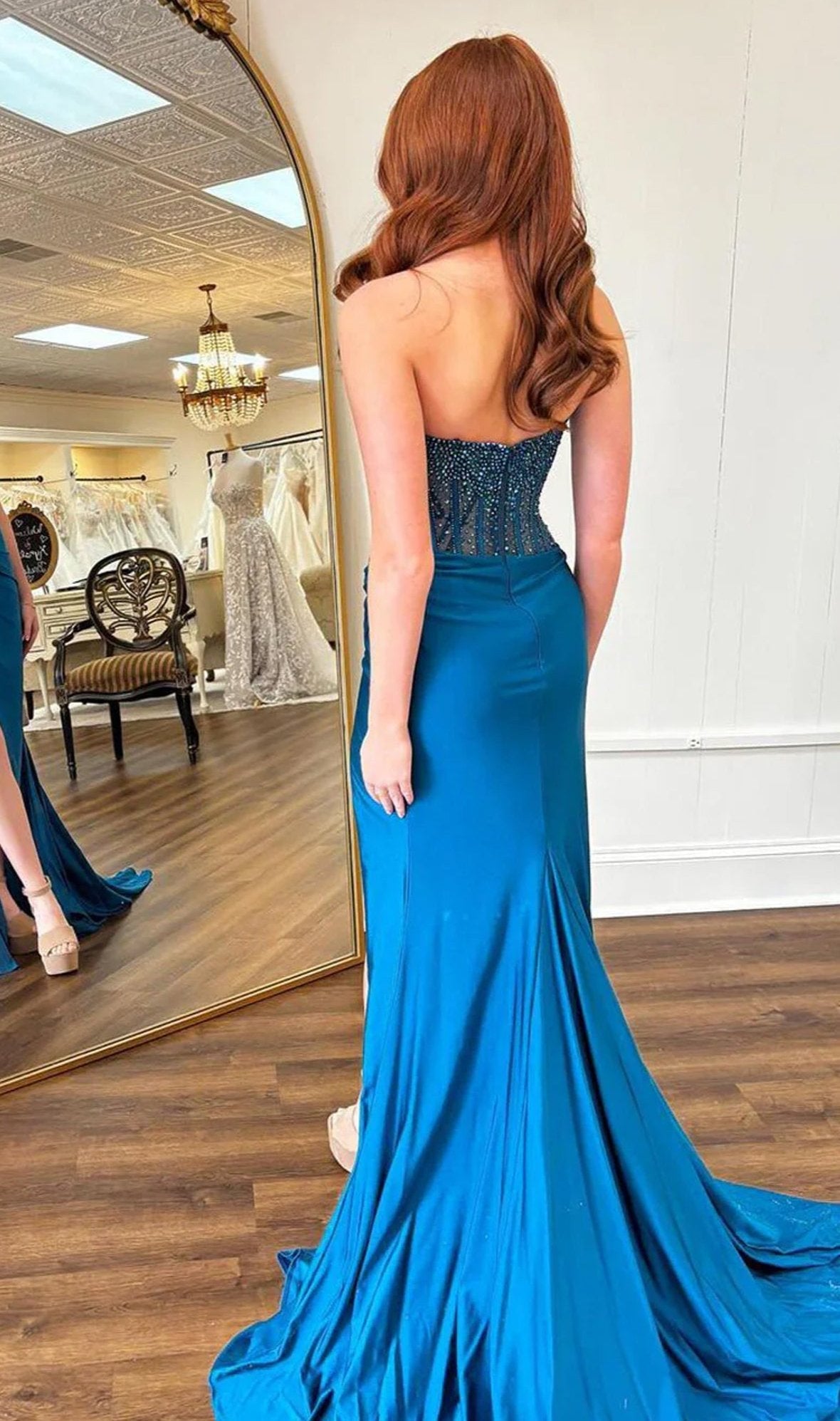 Mermaid Scoop Neck Blue Satin Long Prom Dresses