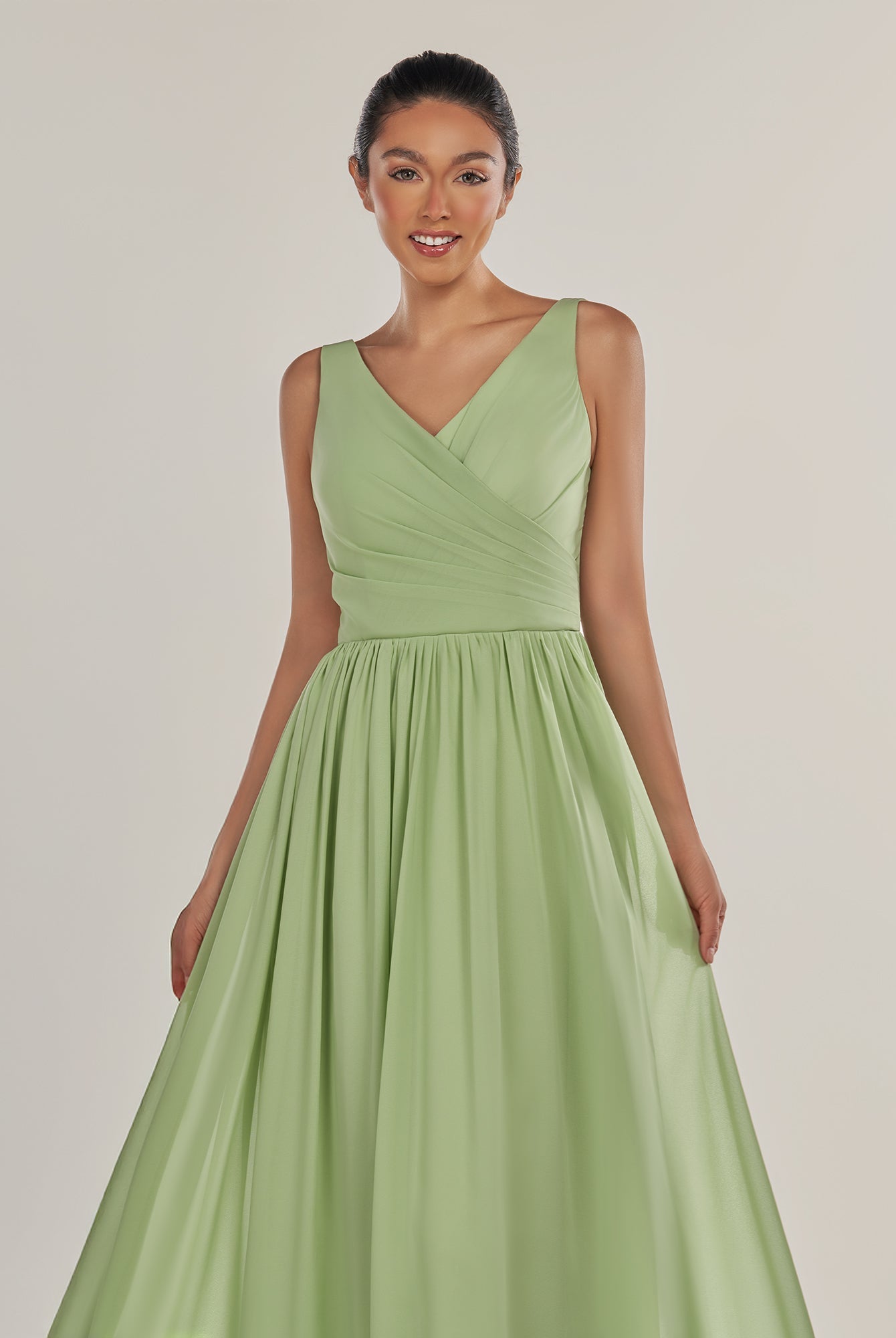 KissDress-Cova Matcha A Line Chiffon V Neck Long Bridesmaid Dress with Slit