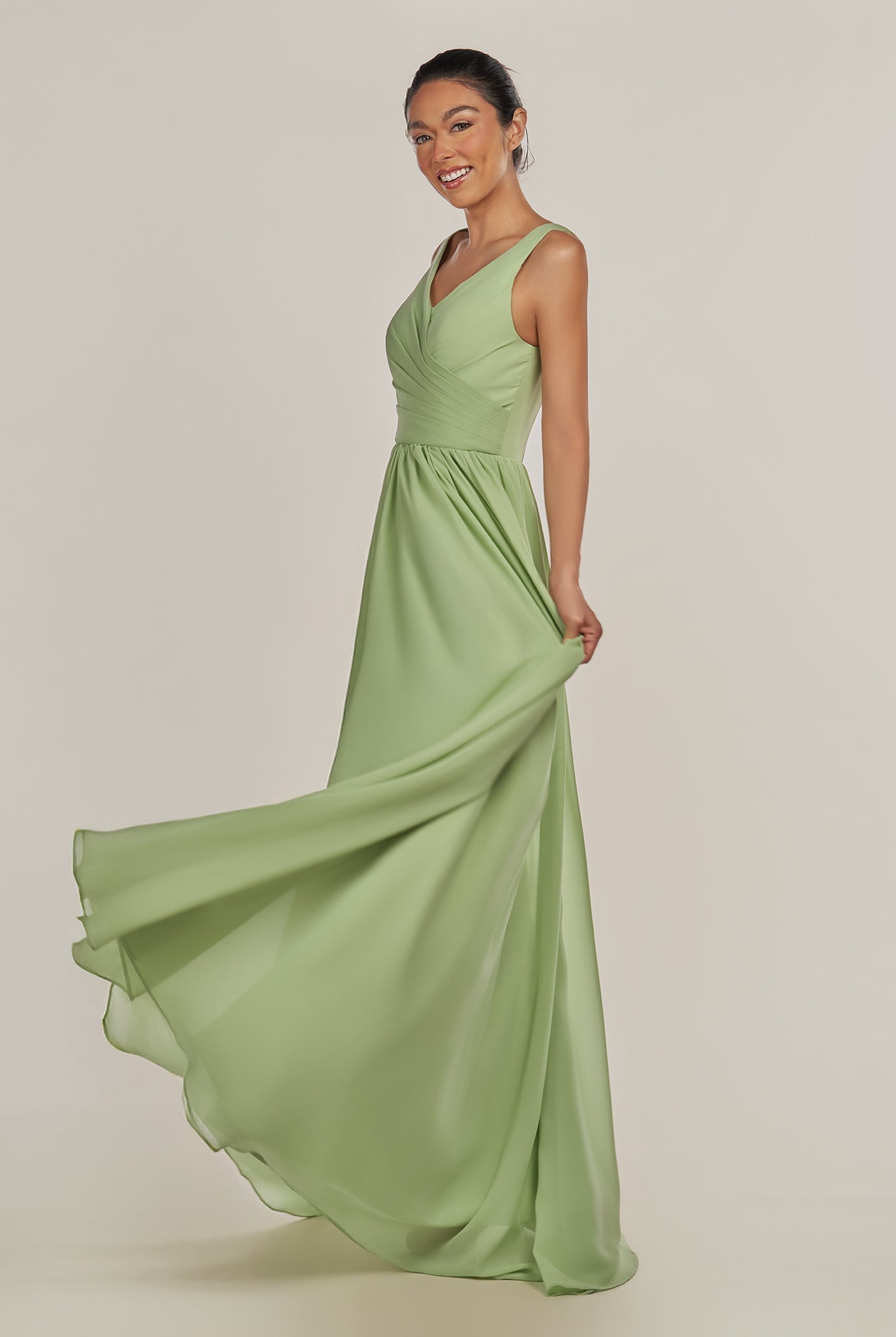 KissDress-Cova Matcha A Line Chiffon V Neck Long Bridesmaid Dress with Slit