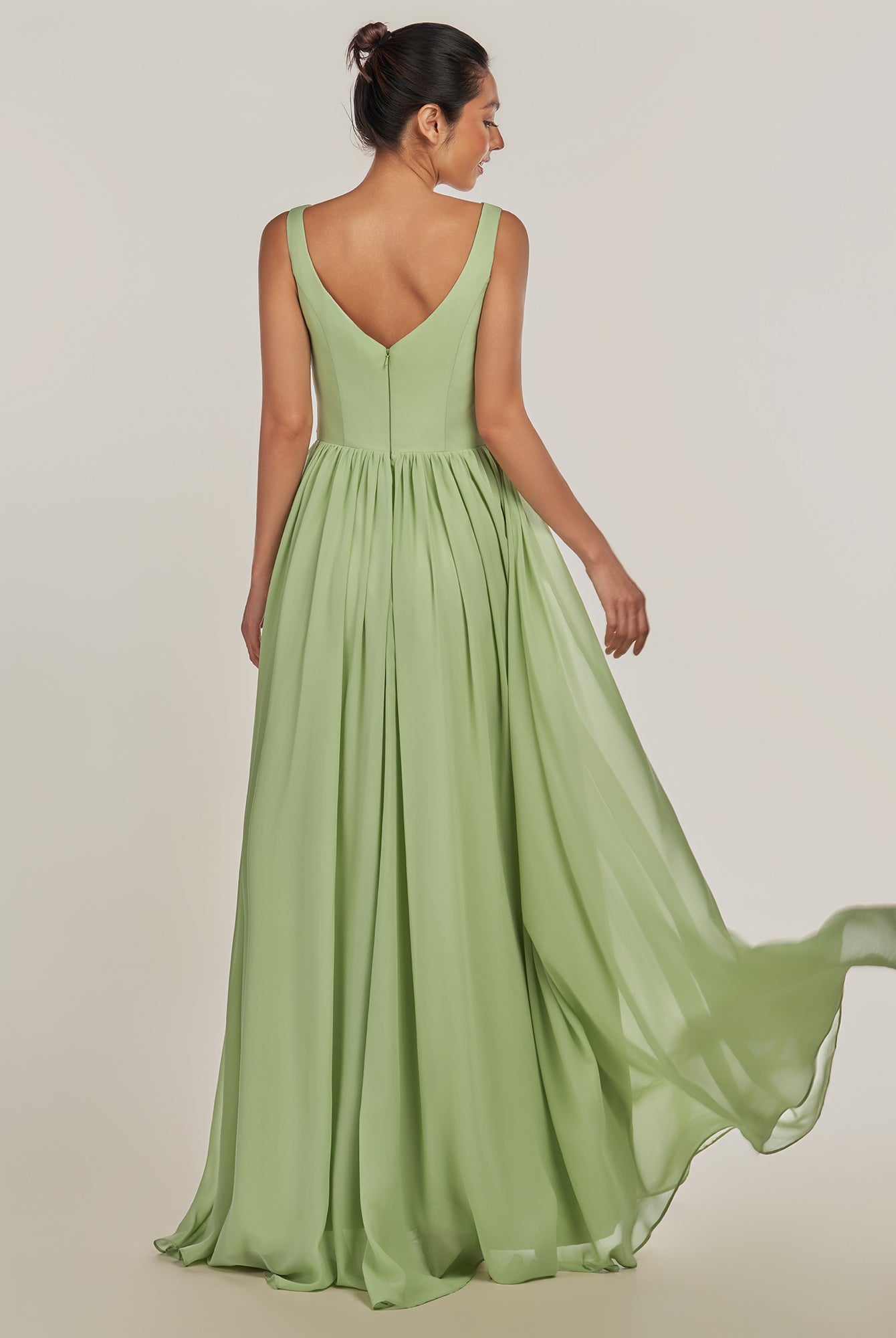 KissDress-Cova Matcha A Line Chiffon V Neck Long Bridesmaid Dress with Slit