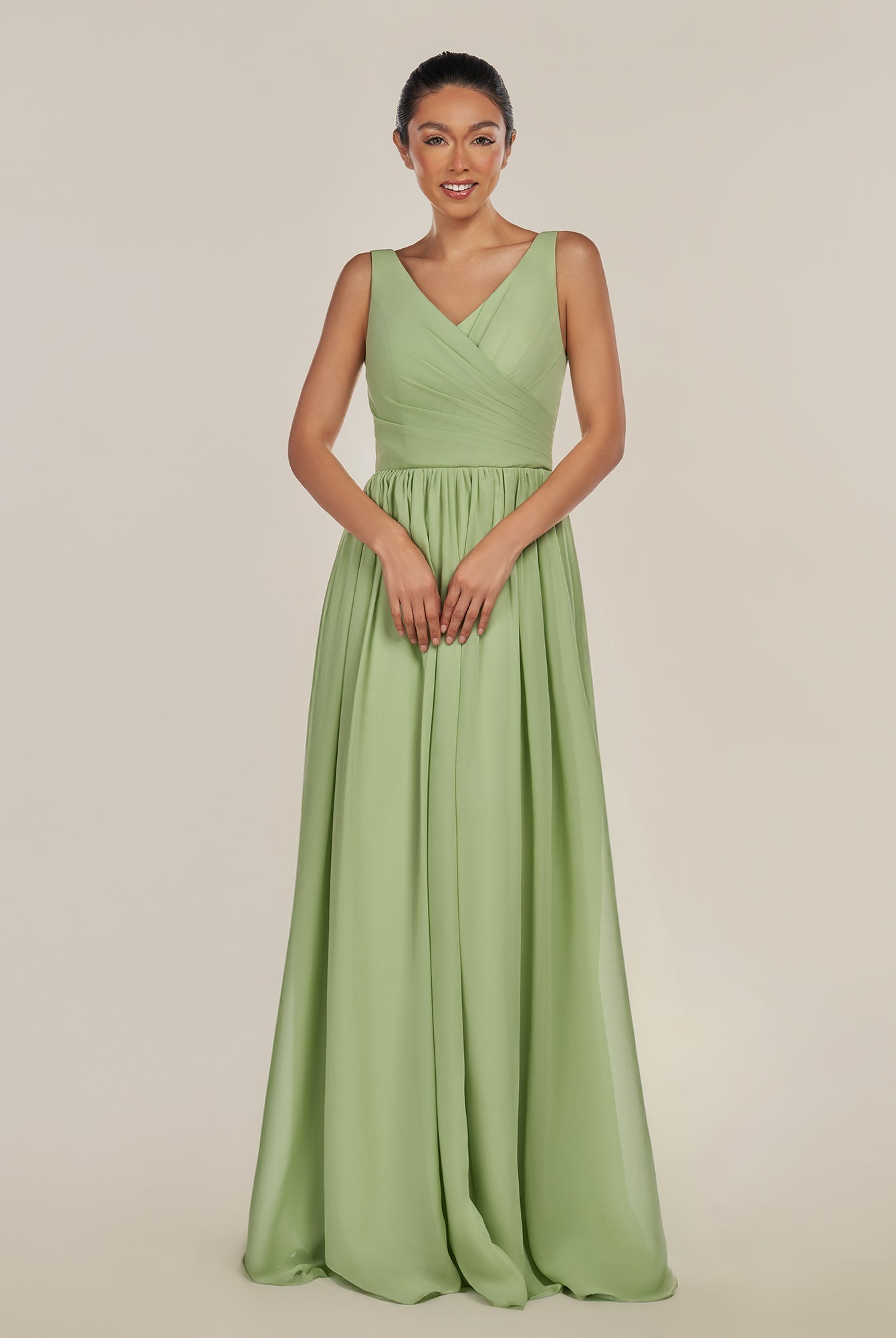 KissDress-Cova Matcha A Line Chiffon V Neck Long Bridesmaid Dress with Slit