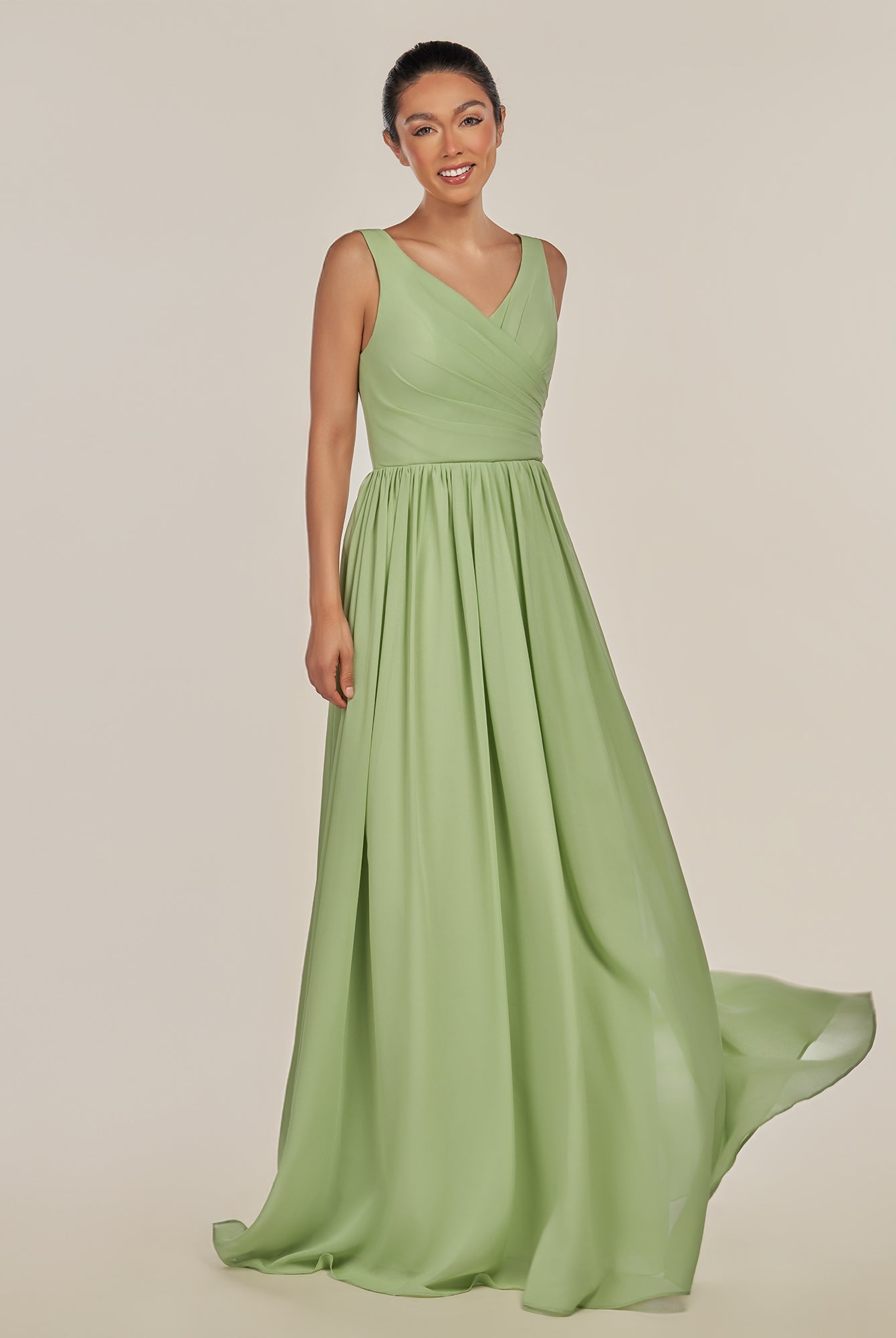 KissDress-Cova Matcha A Line Chiffon V Neck Long Bridesmaid Dress with Slit