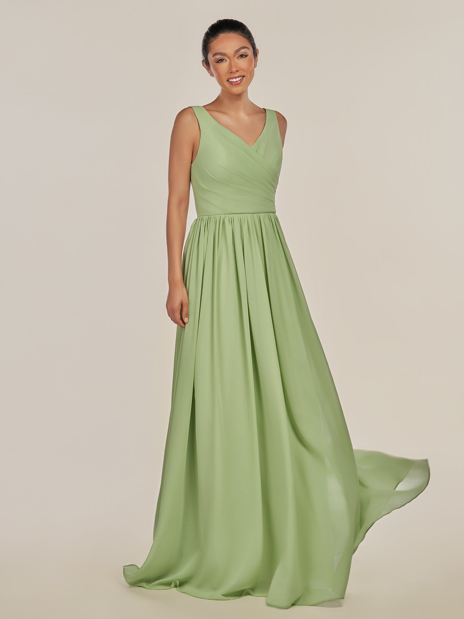 KissDress-Cova Matcha A Line Chiffon V Neck Long Bridesmaid Dress with Slit