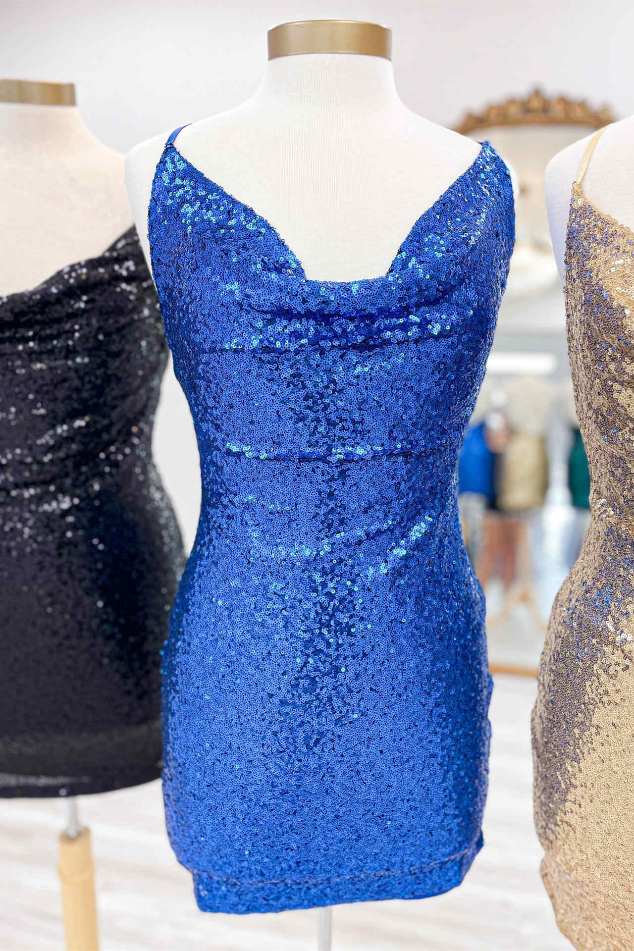 Cowl Neck Emerald Green Sequin Mini Homecoming Dress