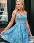 Criss Cross Lace Short Sky Blue Homecoming Dress