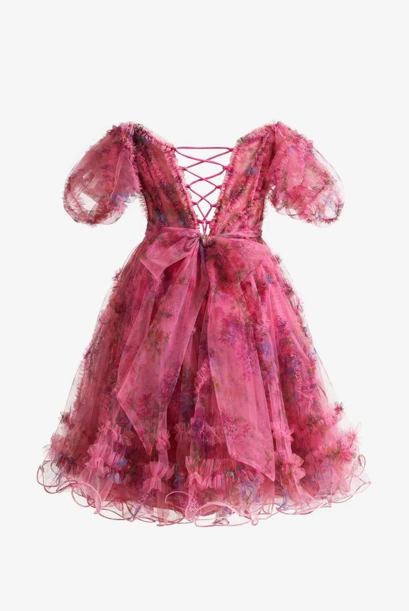 Ivana | Fuchsia A Line Off the Shoulder Printed Homecoming Dress - KissProm