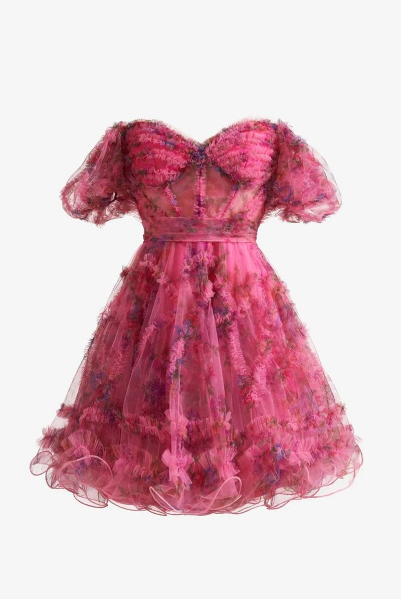 Ivana | Fuchsia A Line Off the Shoulder Printed Homecoming Dress - KissProm