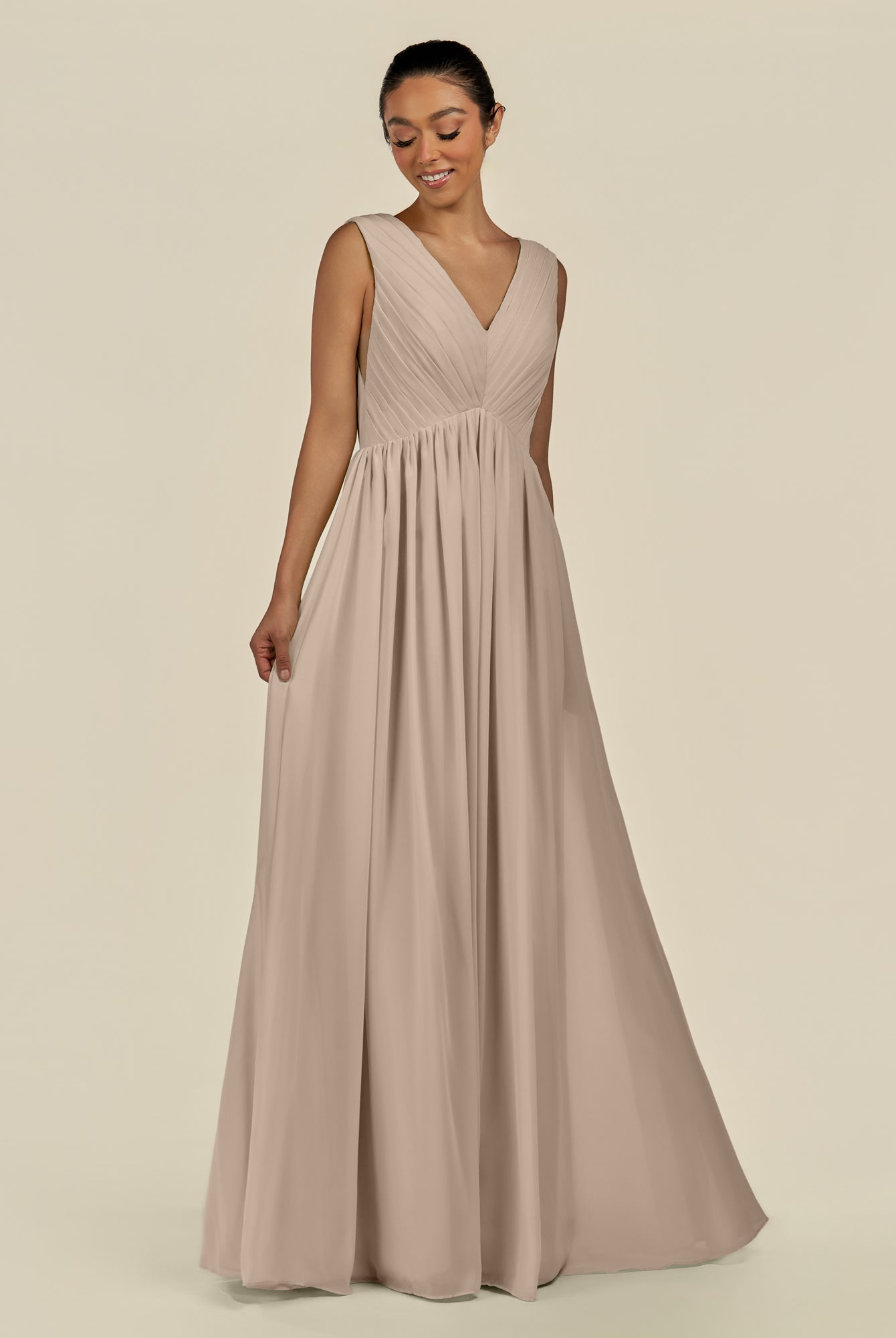 KissDress-Daryel Almond A Line Chiffon V Neck Pleated Long Bridesmaid Dress