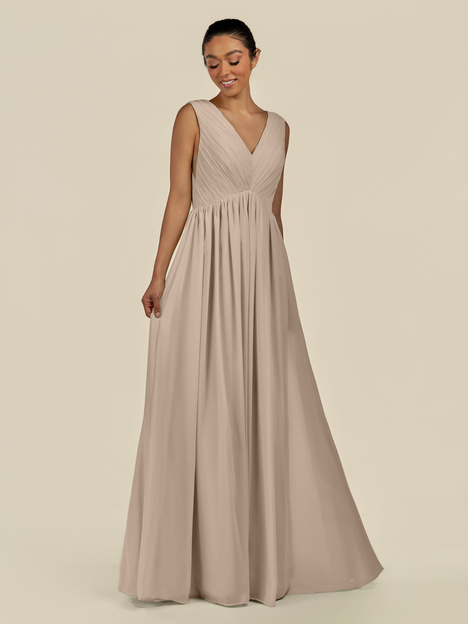 KissDress-Daryel Almond A Line Chiffon V Neck Pleated Long Bridesmaid Dress